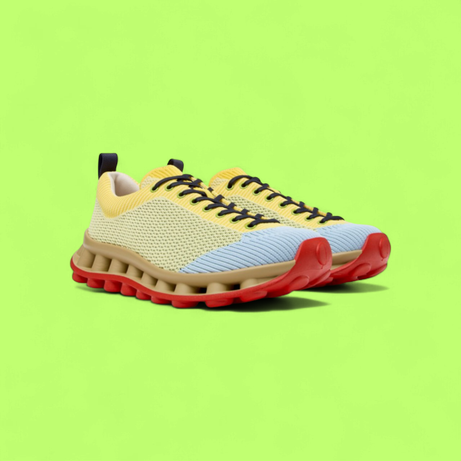 CAMPER YELLOW KNIT RUNNER WITH RED SOLE AND BLUE TOE DETAIL