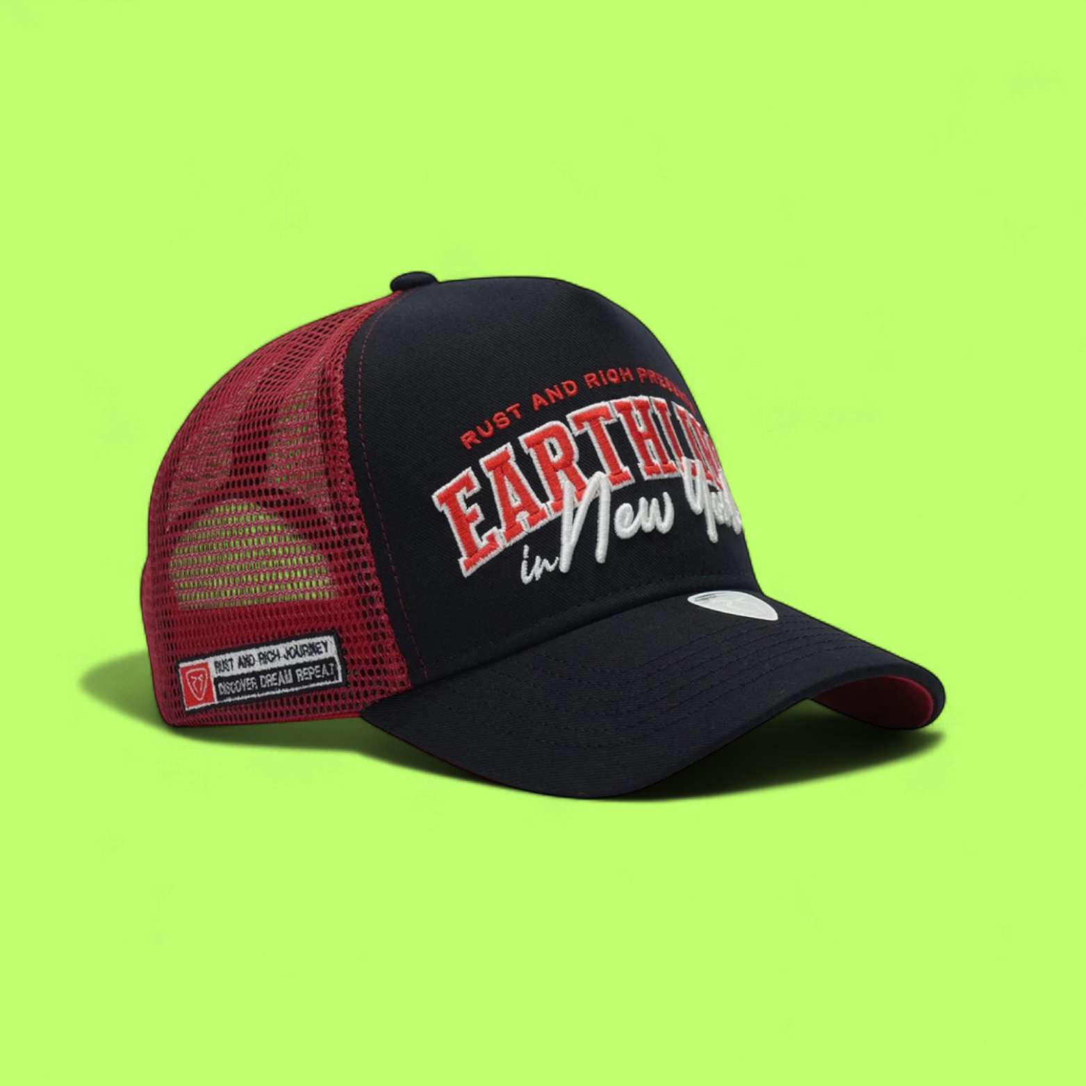 BLACK RED TRUCKER CAP WITH BROOKLYN NEW YORK EMBROIDERY