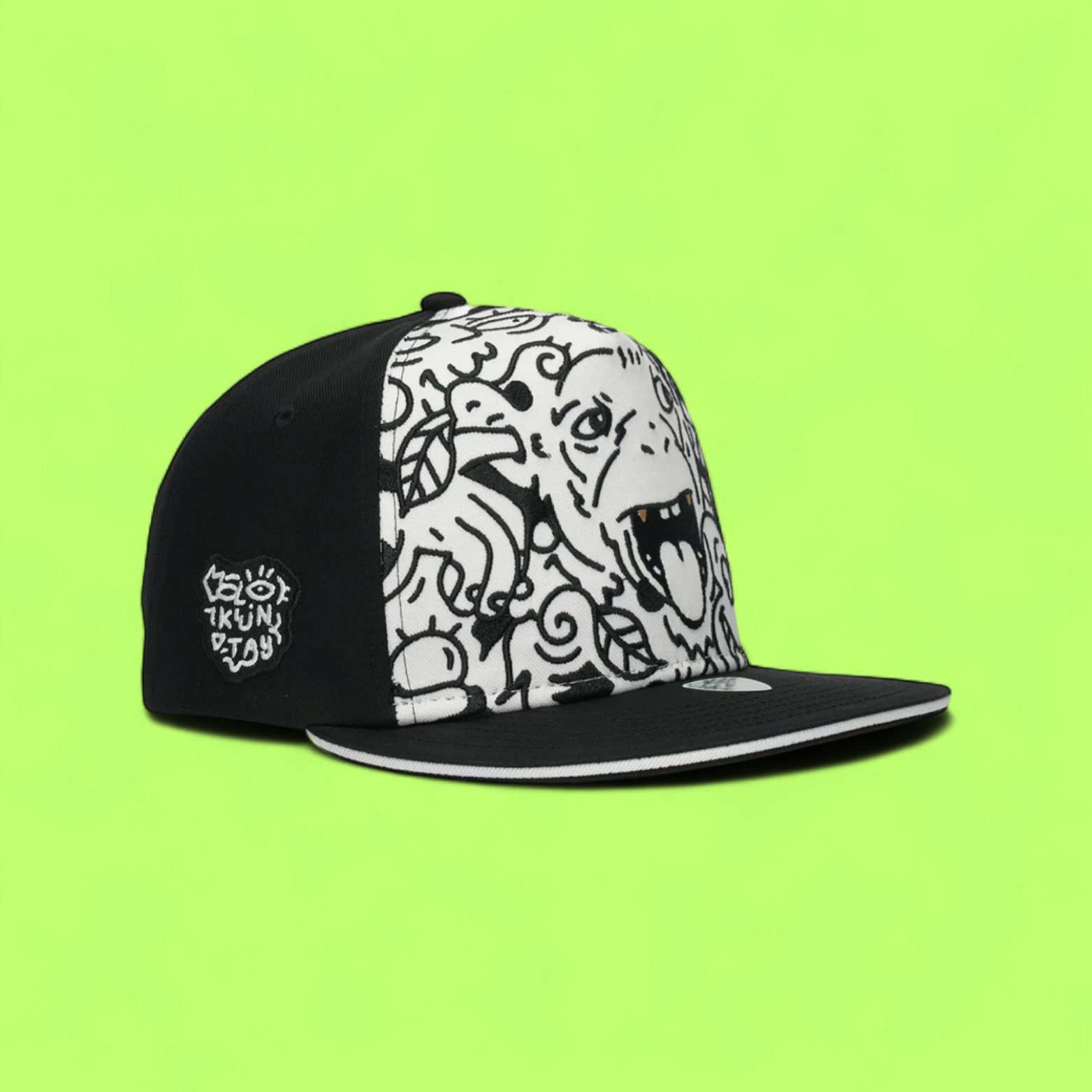 BLACK SNAPBACK CAP WITH CARTOON FACE GRAPHIC FRONT PANEL