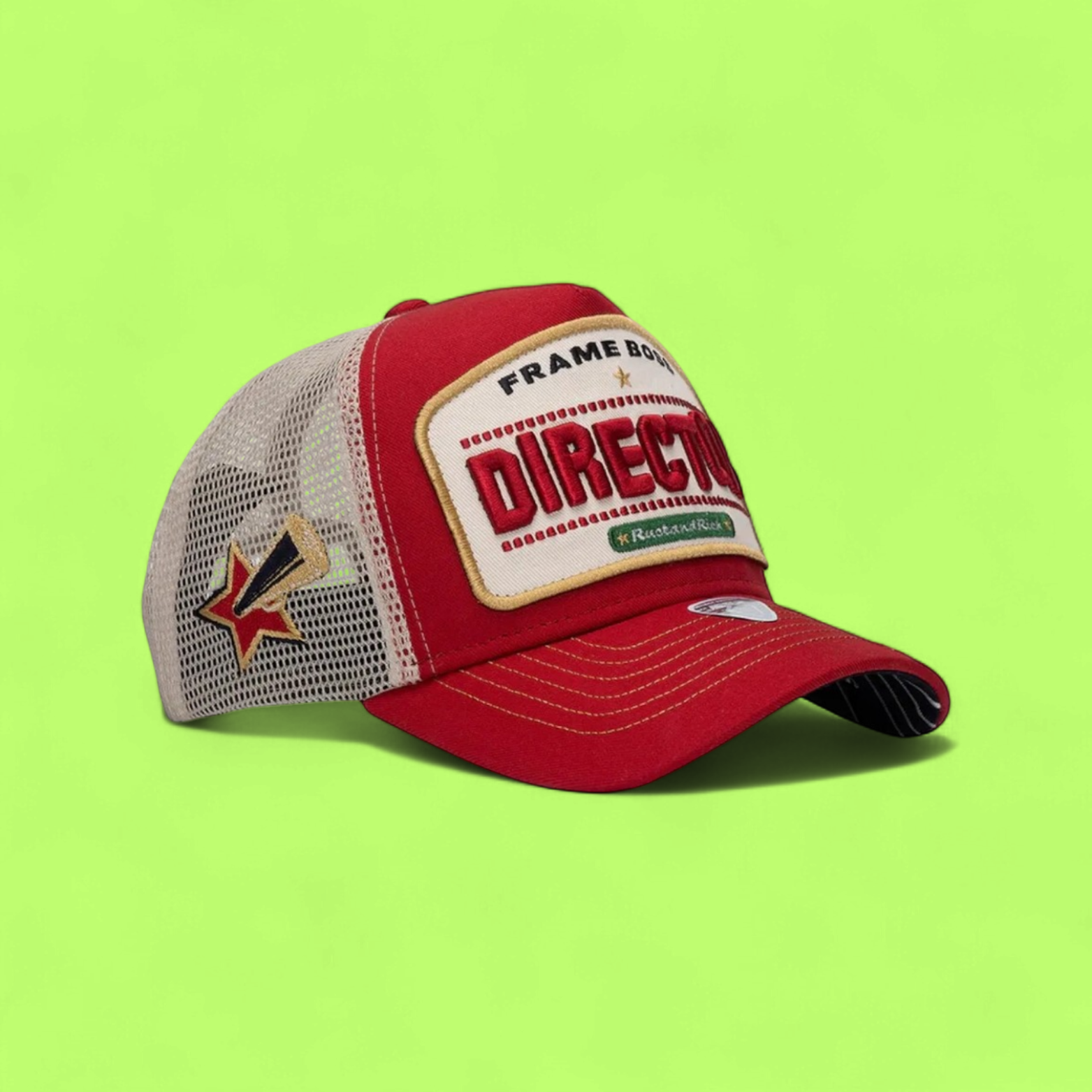 RED TRUCKER CAP WITH DIRECTOR PATCH AND BEIGE MESH BACK