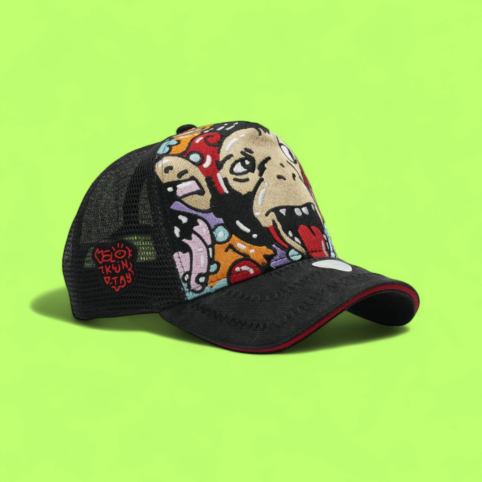 BLACK TRUCKER CAP WITH COLORFUL CARTOON EMBROIDERY FRONT
