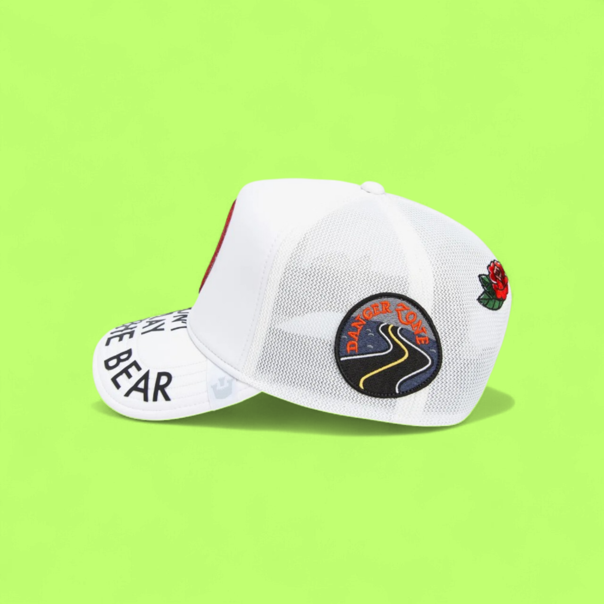 DONT PLAY POKE THE BEAR WHITE TRUCKER HAT WITH PATCH DESIGN