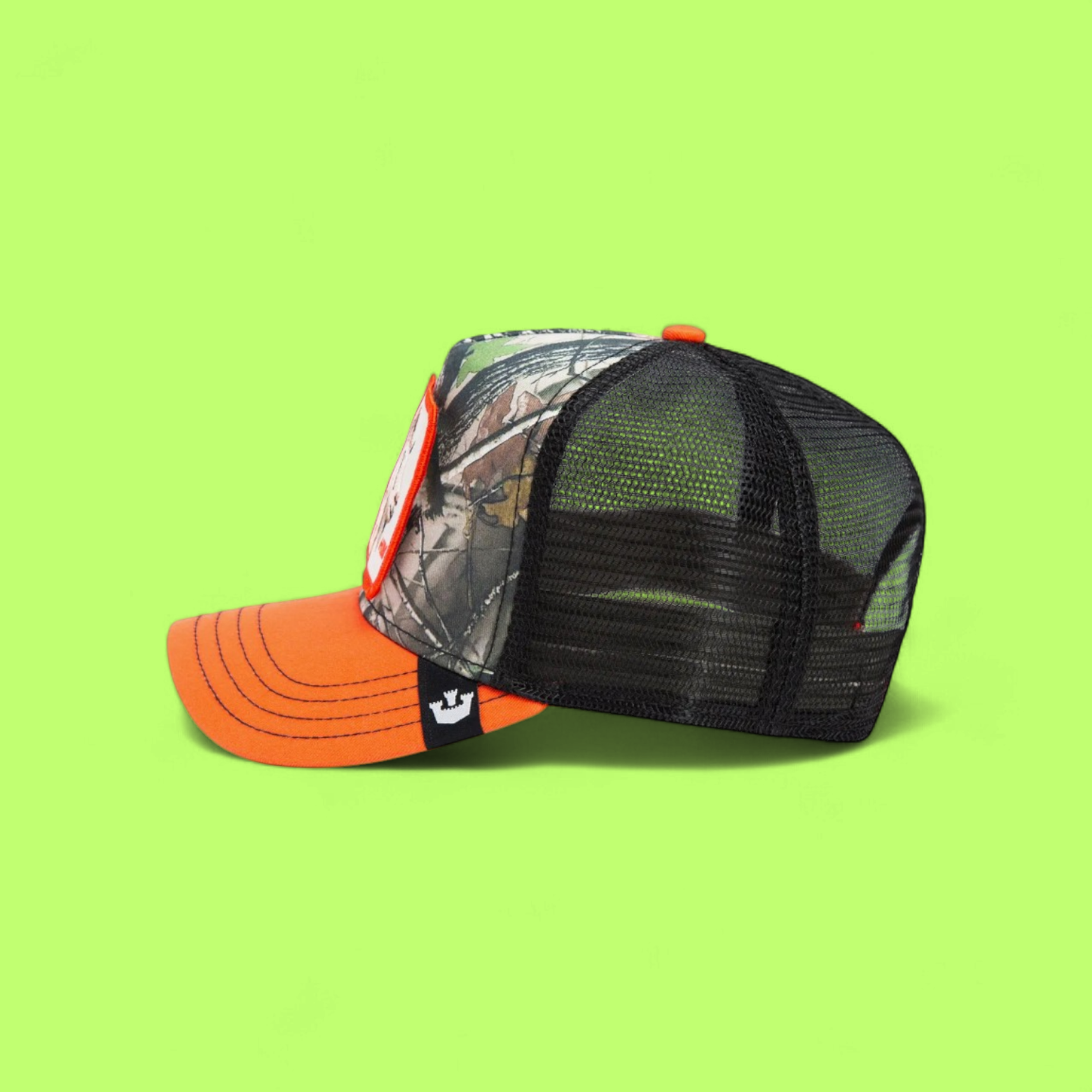 HIM GOAT CAMO TRUCKER HAT WITH ORANGE BRIM AND PATCH DESIGN