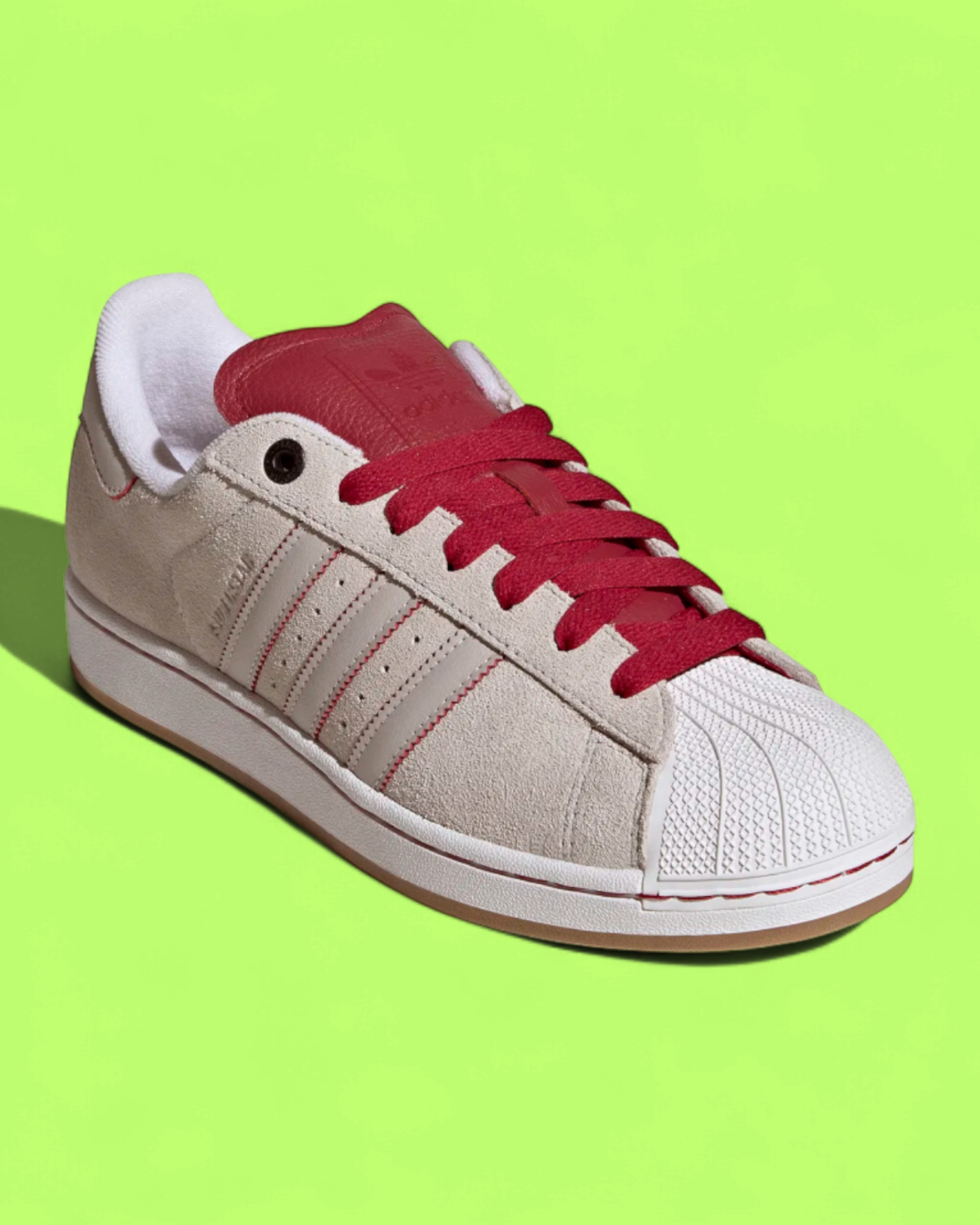 ADIDAS SUPERSTAR BEIGE SUEDE RED LACES WHITE SHELL TOE SNEAKERS