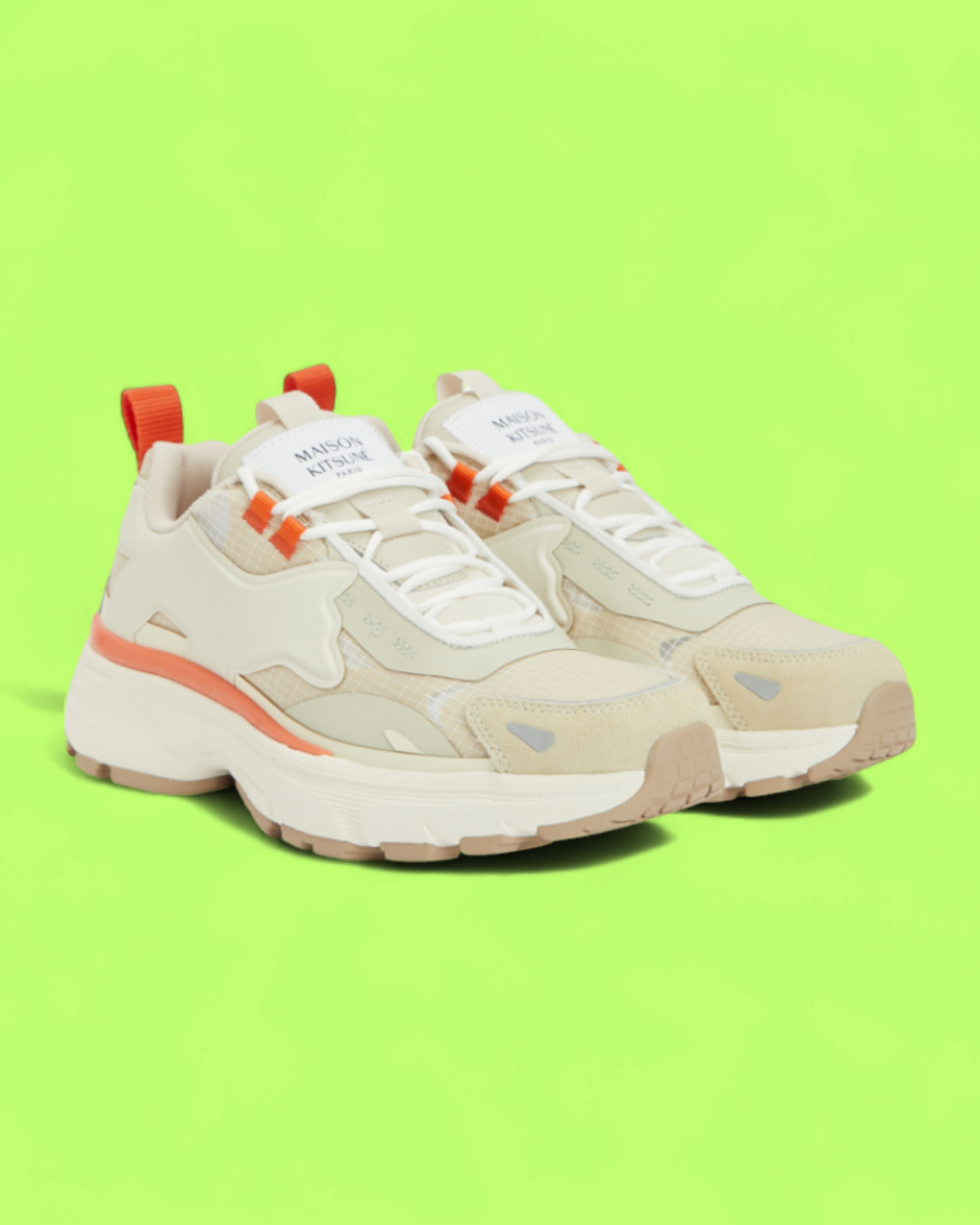MAISON KITSUNE BEIGE ORANGE TRAIL RUNNER CHUNKY SOLE SNEAKERS