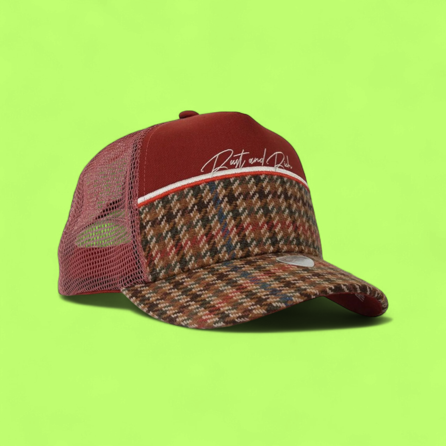 BROWN CHECKERED TRUCKER CAP WITH RUST AND RICH SIGNATURE
