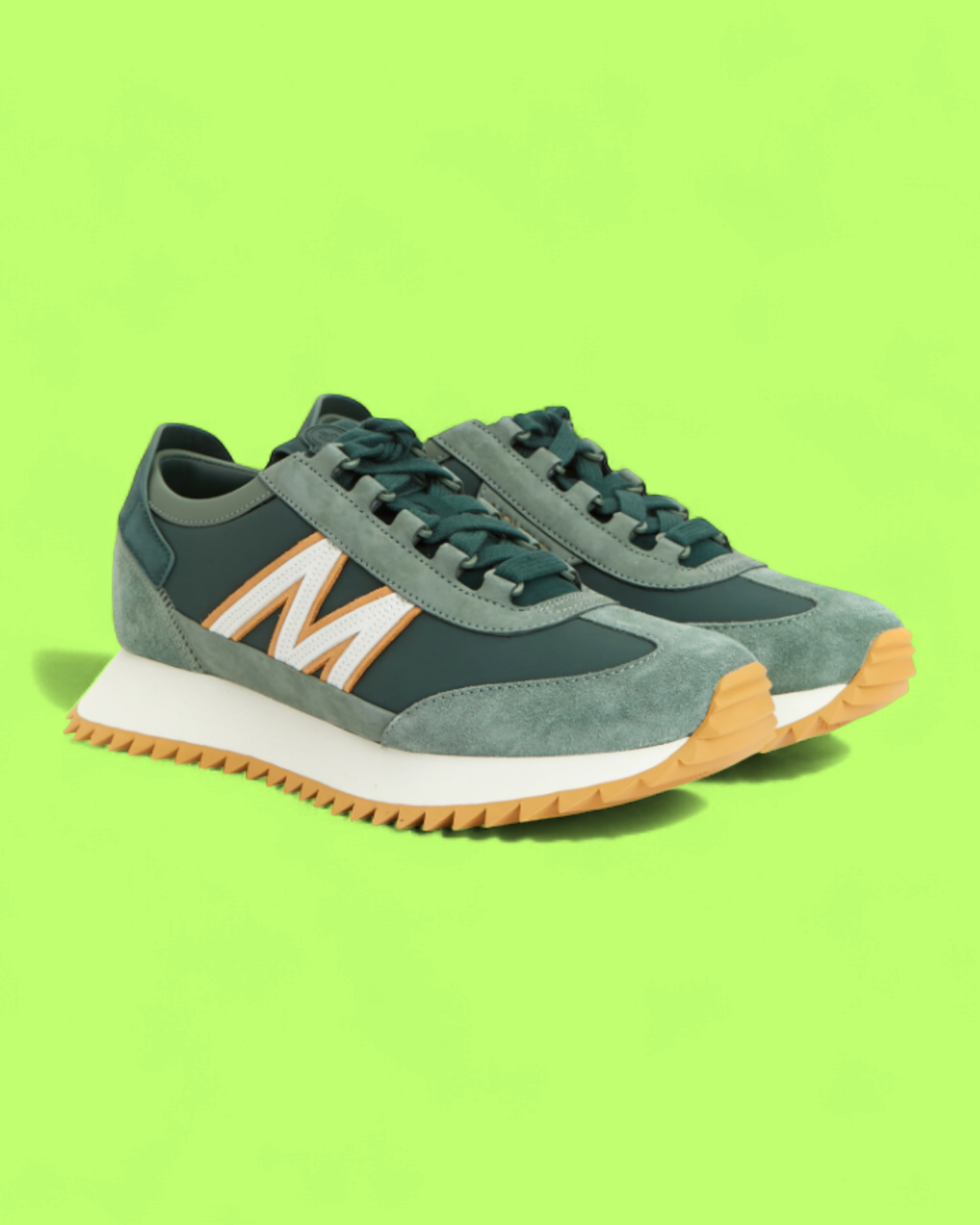 MONCLER GREEN SUEDE NYLON RETRO RUNNER M LOGO SNEAKERS