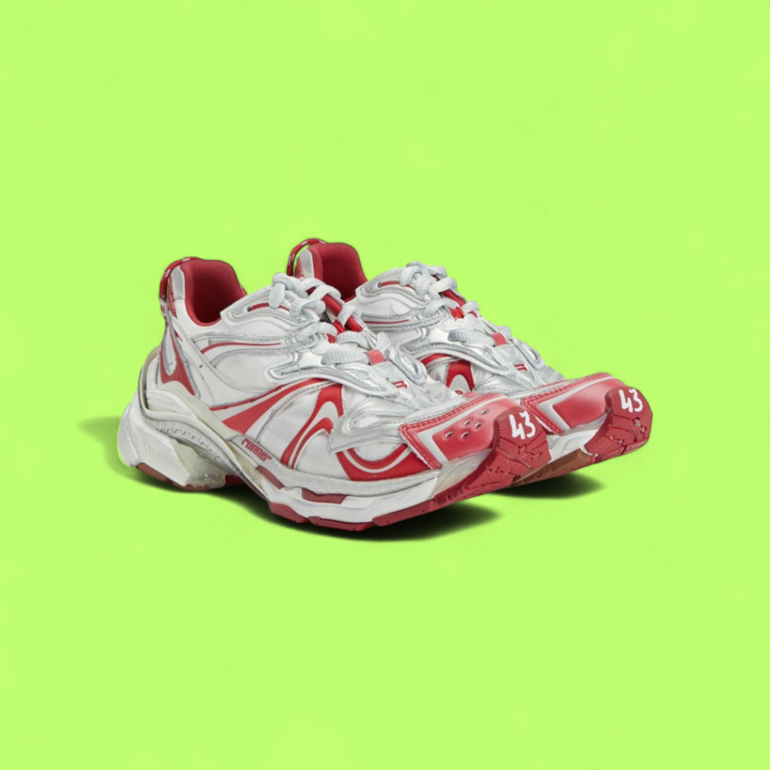 BALENCIAGA RUNNER WHITE RED DISTRESSED MESH LEATHER SNEAKERS