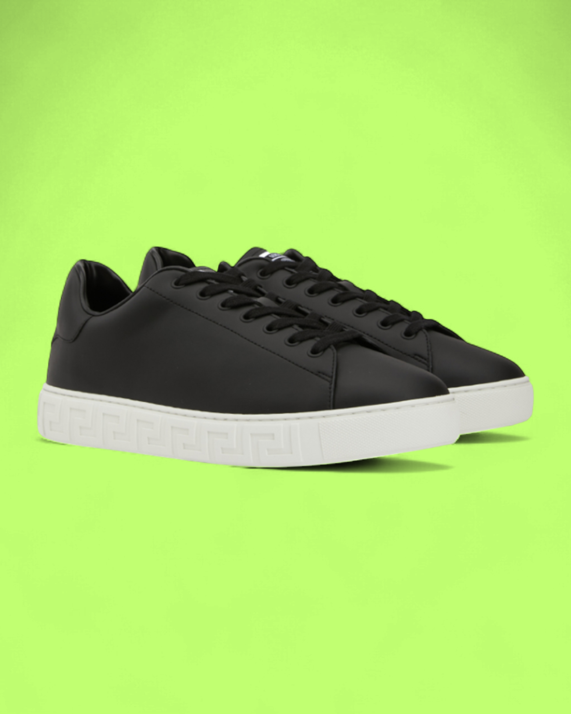 VERSACE BLACK LEATHER SNEAKER WITH WHITE GREEK KEY RUBBER
