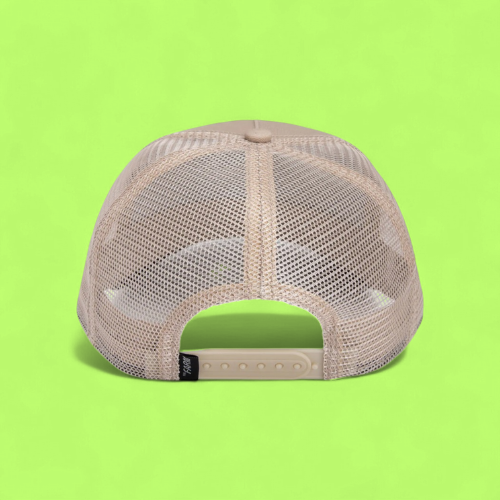 BEWARE DOBERMAN BEIGE TRUCKER HAT WITH EMBROIDERED DOG PATCH