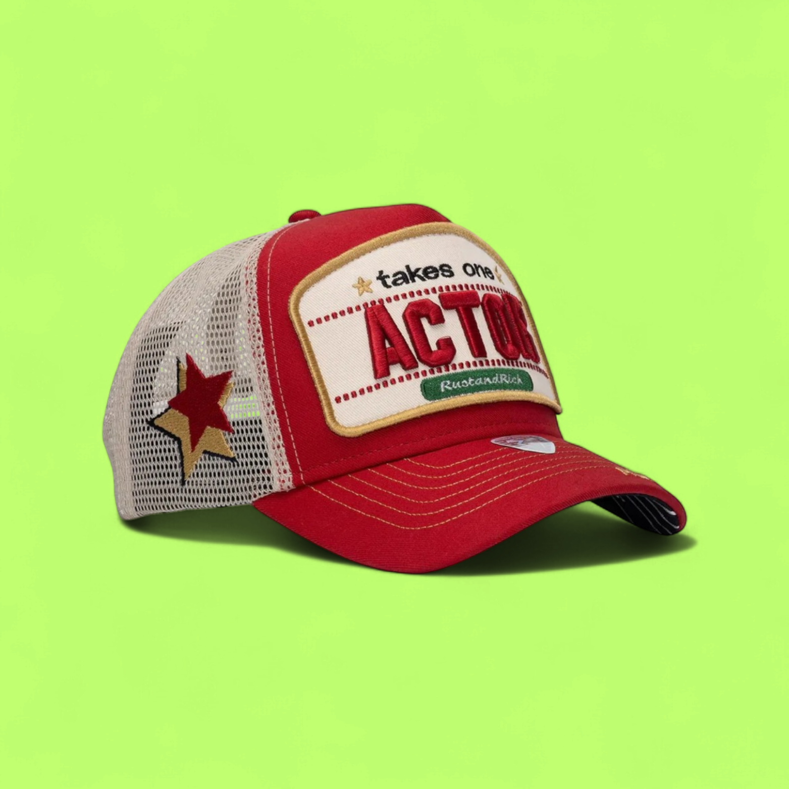 RED ACTOR TRUCKER CAP WITH ALL EYES ON ME EMBROIDERY