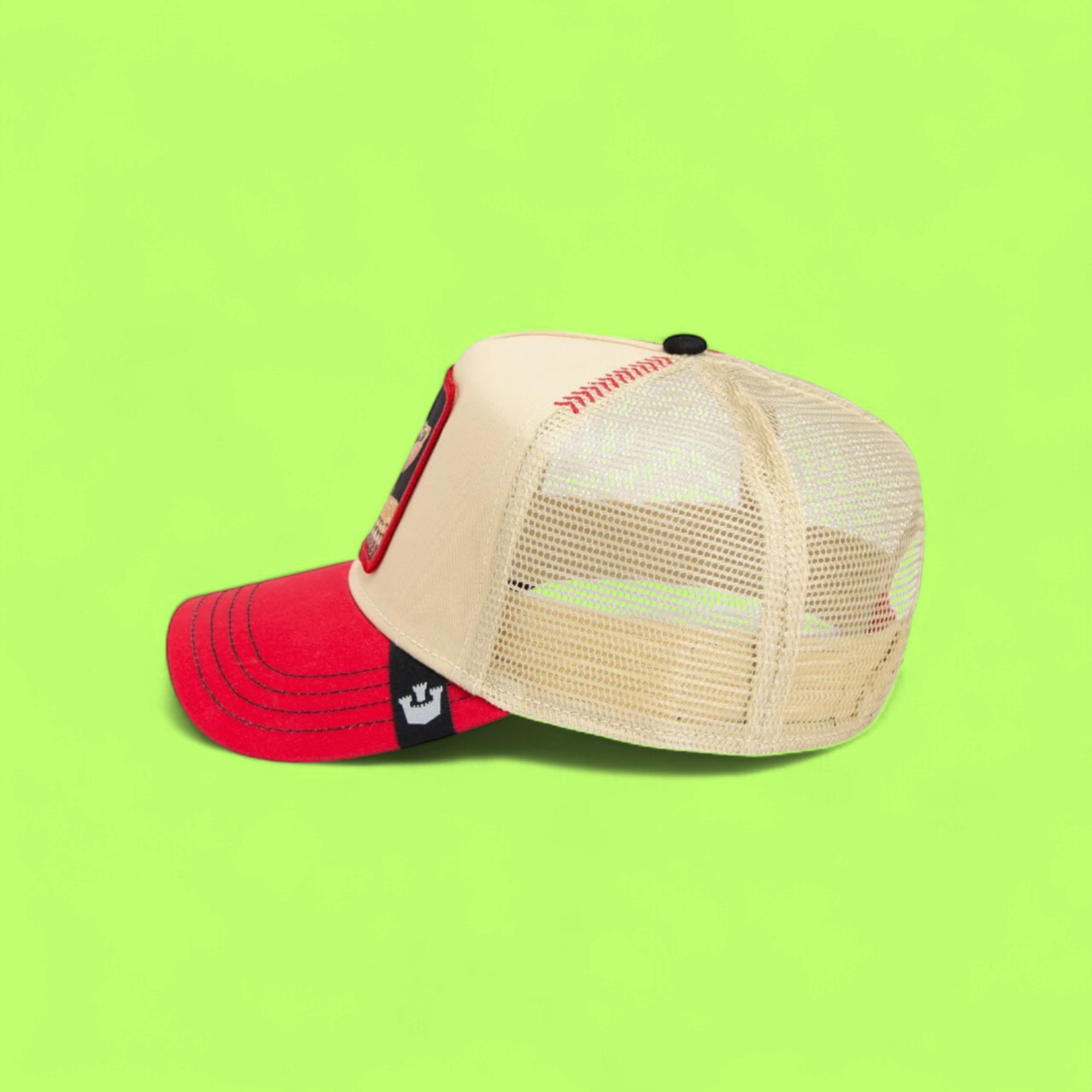 VENOM SNAKE BEIGE AND RED TRUCKER HAT WITH EMBROIDERED PATCH