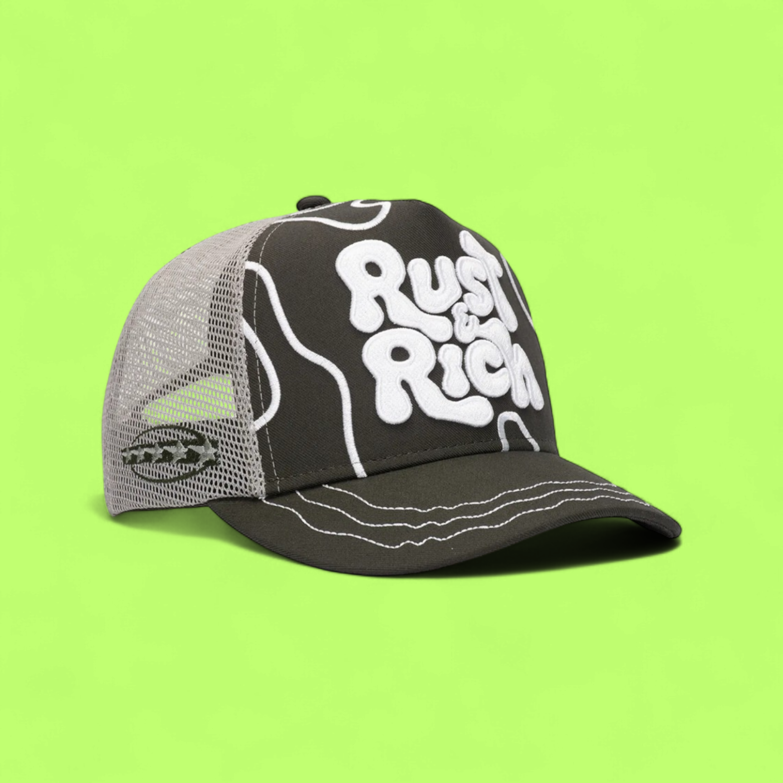 DARK GREEN TRUCKER CAP WITH BOLD WHITE RUST AND RICH LOGO