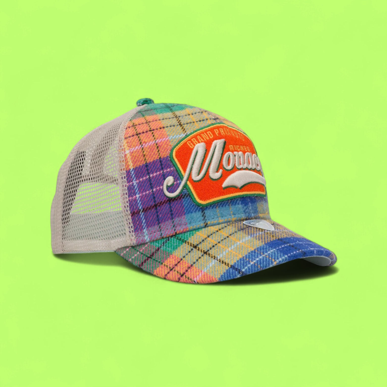 PLAID TRUCKER CAP WITH MONACO EMBROIDERY AND BEIGE MESH