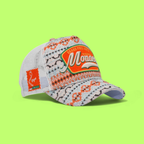 WHITE TRUCKER CAP WITH ORANGE MONACO PATCH AND PATTERN