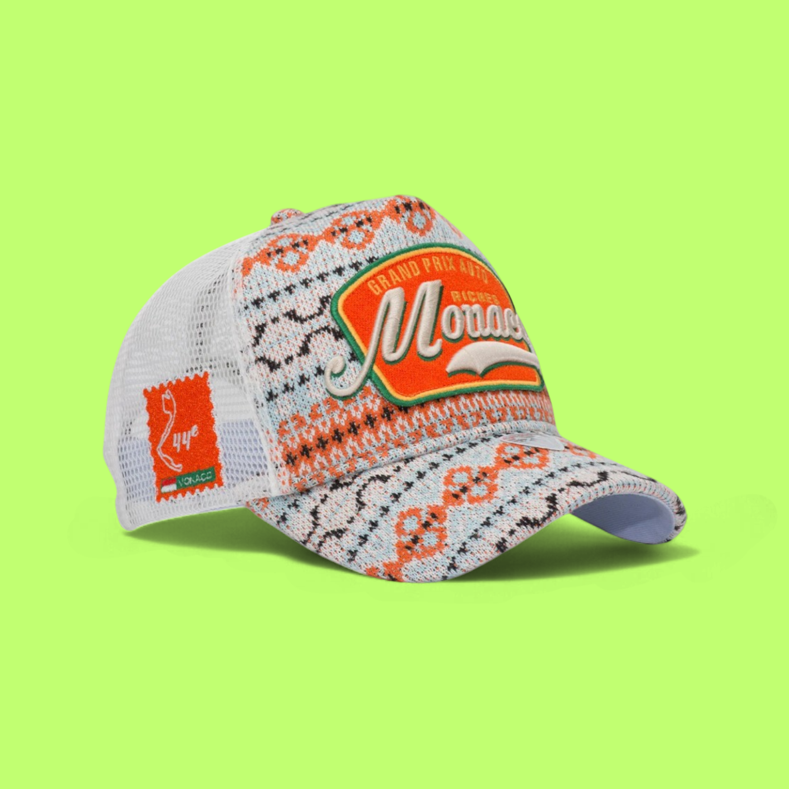 WHITE TRUCKER CAP WITH ORANGE MONACO PATCH AND PATTERN