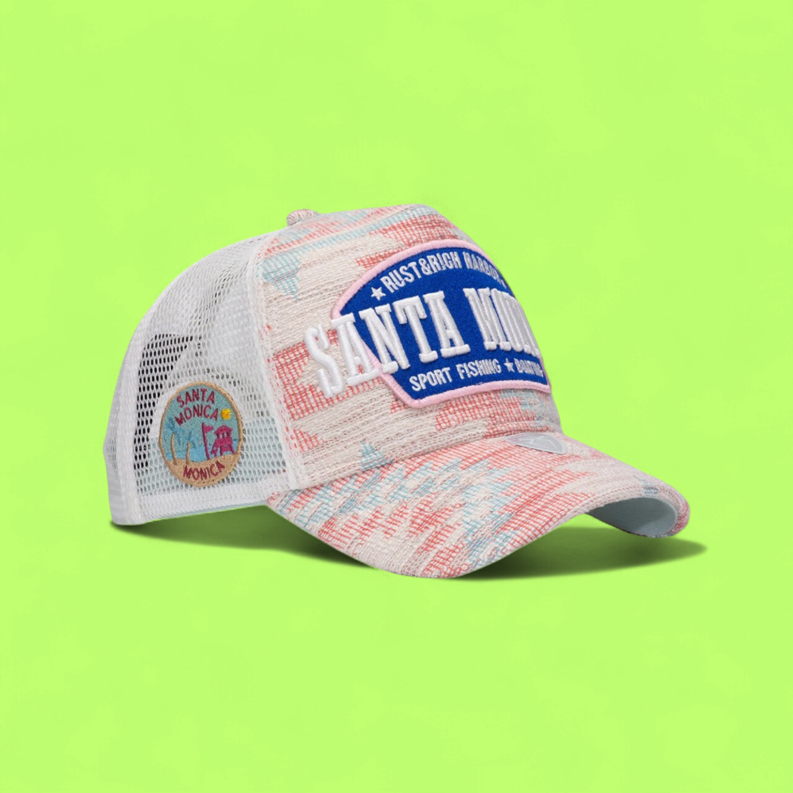 WHITE TRUCKER CAP WITH SANTA MONICA BLUE PATCH DESIGN