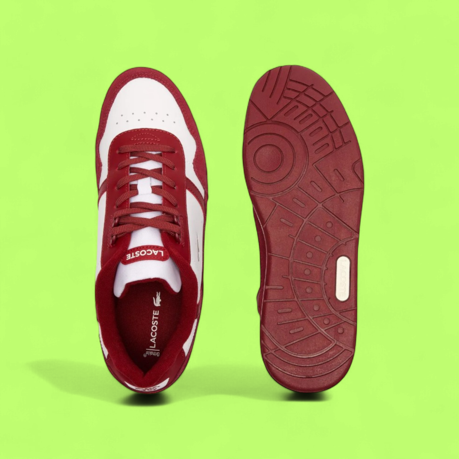LACOSTE T-CLIP MEN'S WHITE LEATHER SNEAKERS WITH BURGUNDY DETAIL