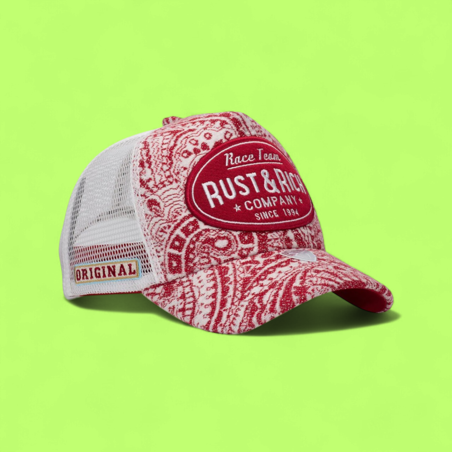 RED RUST AND RICH TRUCKER CAP WITH RACE TEAM EMBROIDERY