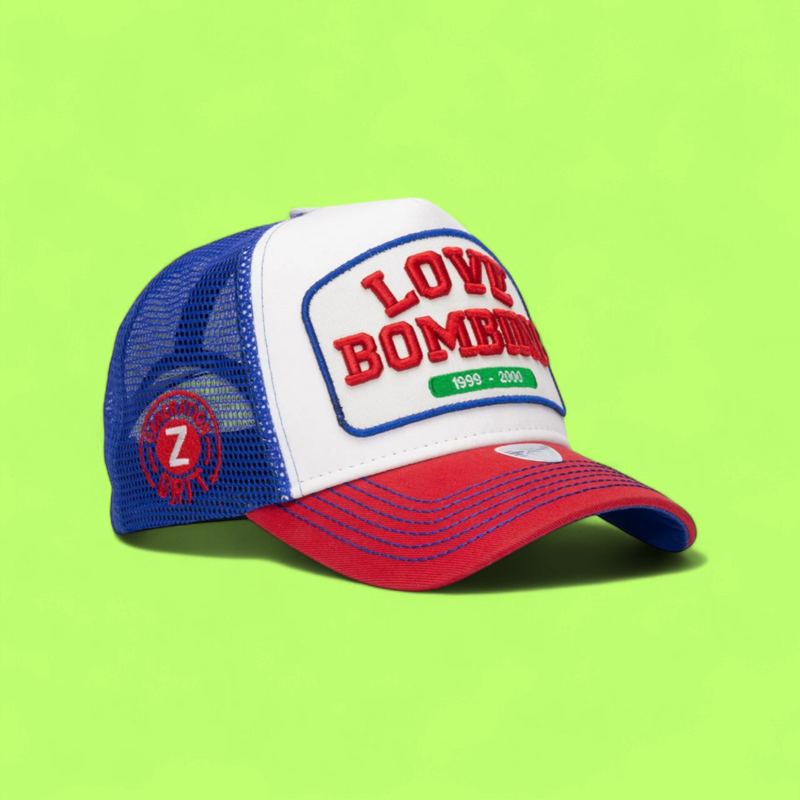 LOVE BOMBING TRUCKER CAP WITH BLUE MESH AND RED BRIM
