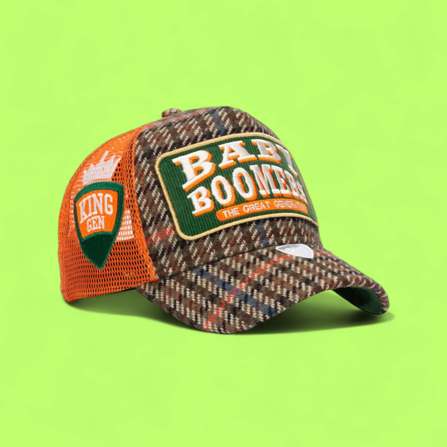 BABY BOOMERS TRUCKER CAP WITH ORANGE MESH AND WOOL PATTERN