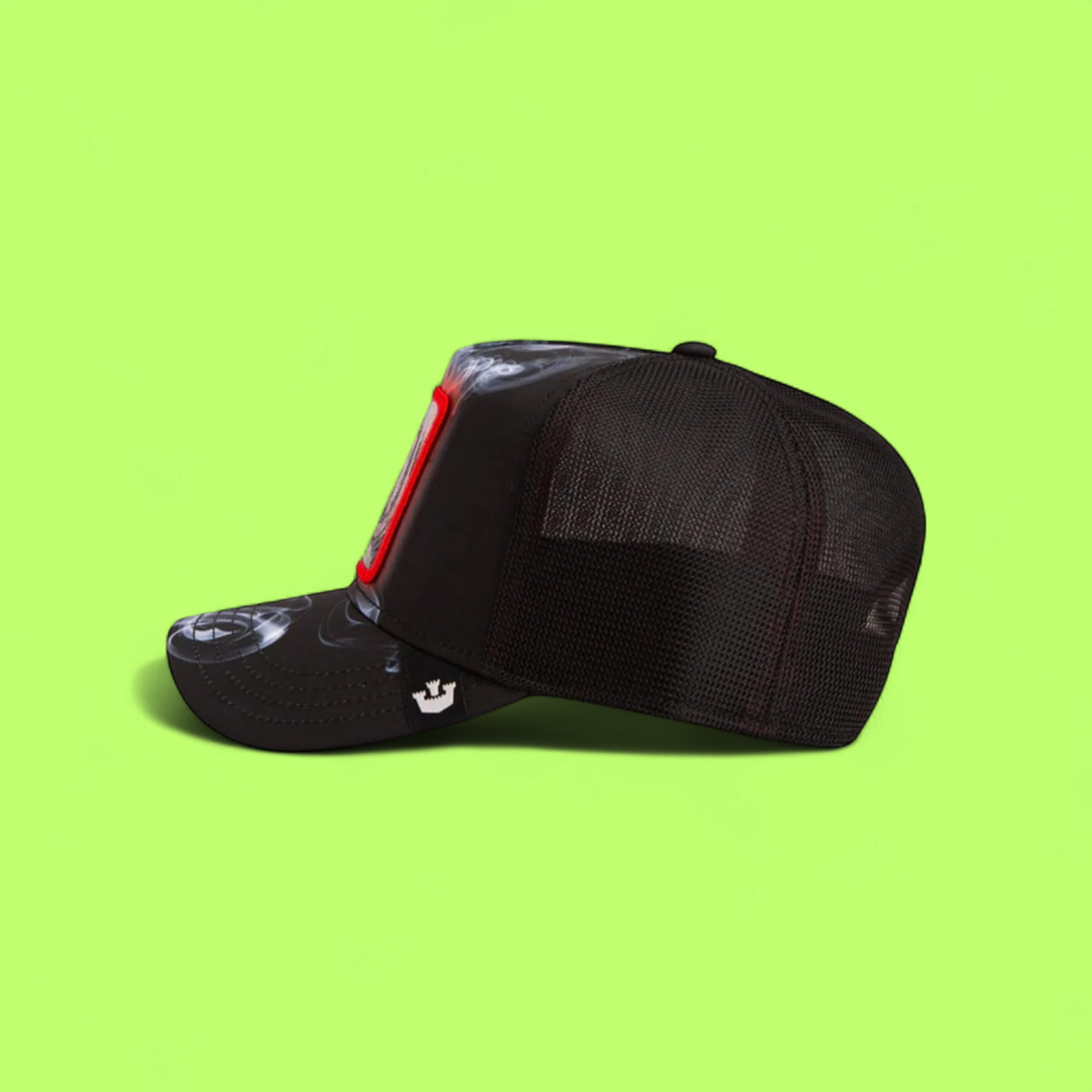 HIP SMOKE EFFECT BLACK TRUCKER HAT WITH RED FRAME PATCH