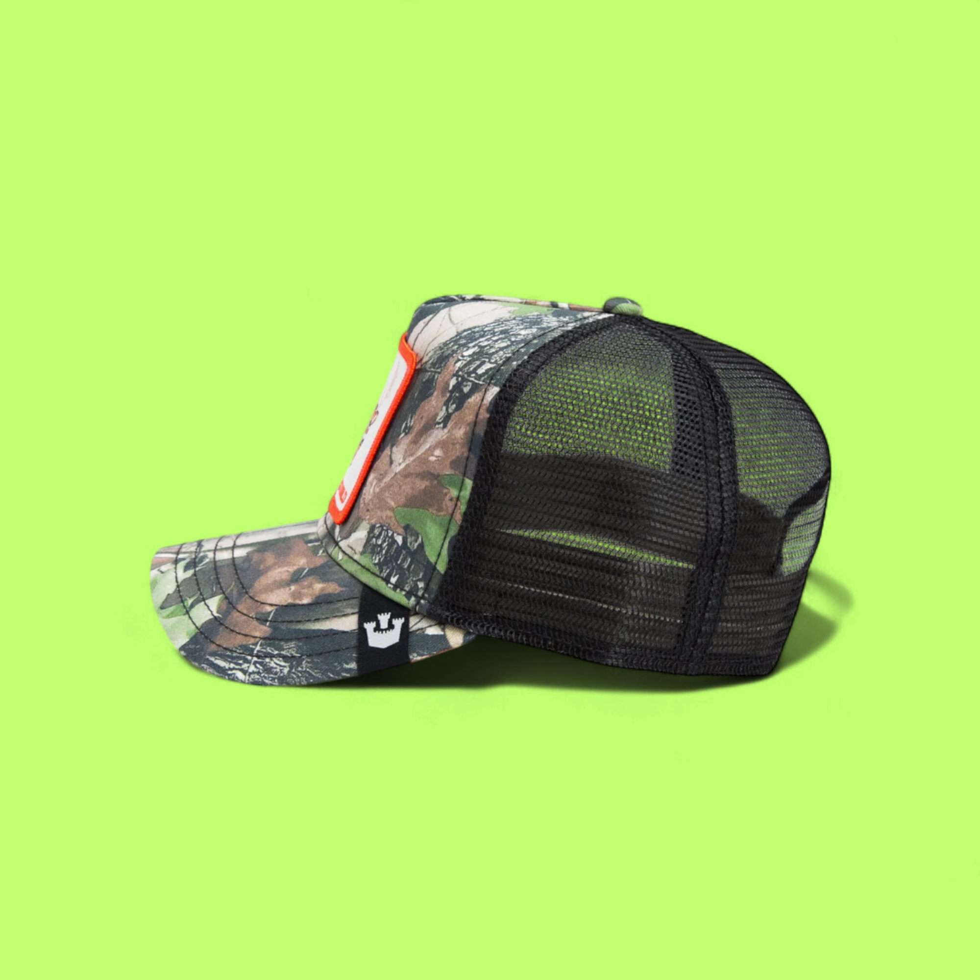 BUCK WILD CAMO DEER PATCH TRUCKER HAT WITH ORANGE FRAME
