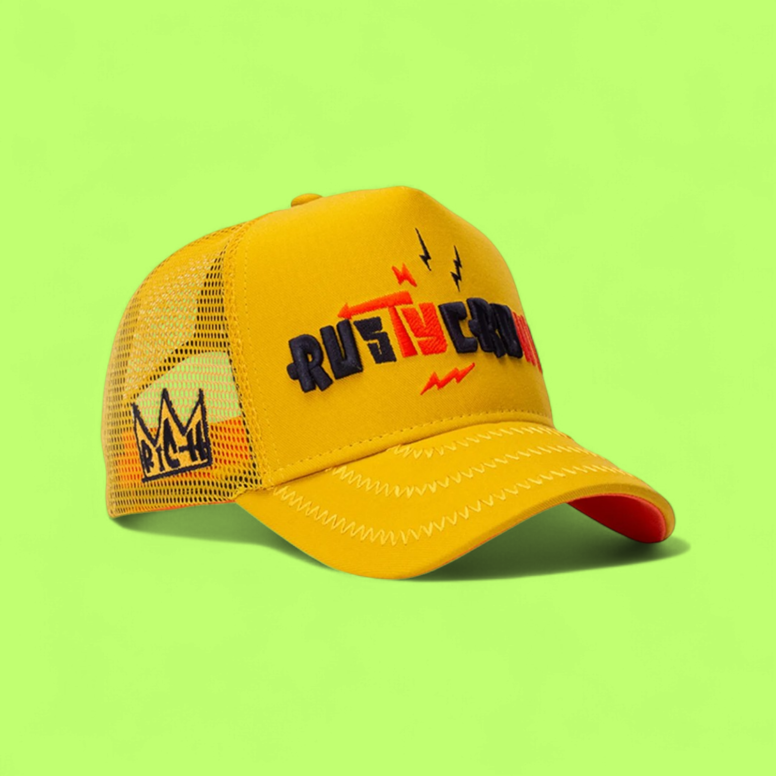 YELLOW TRUCKER CAP WITH MULTICOLOR CROWN EMBROIDERY DESIGN