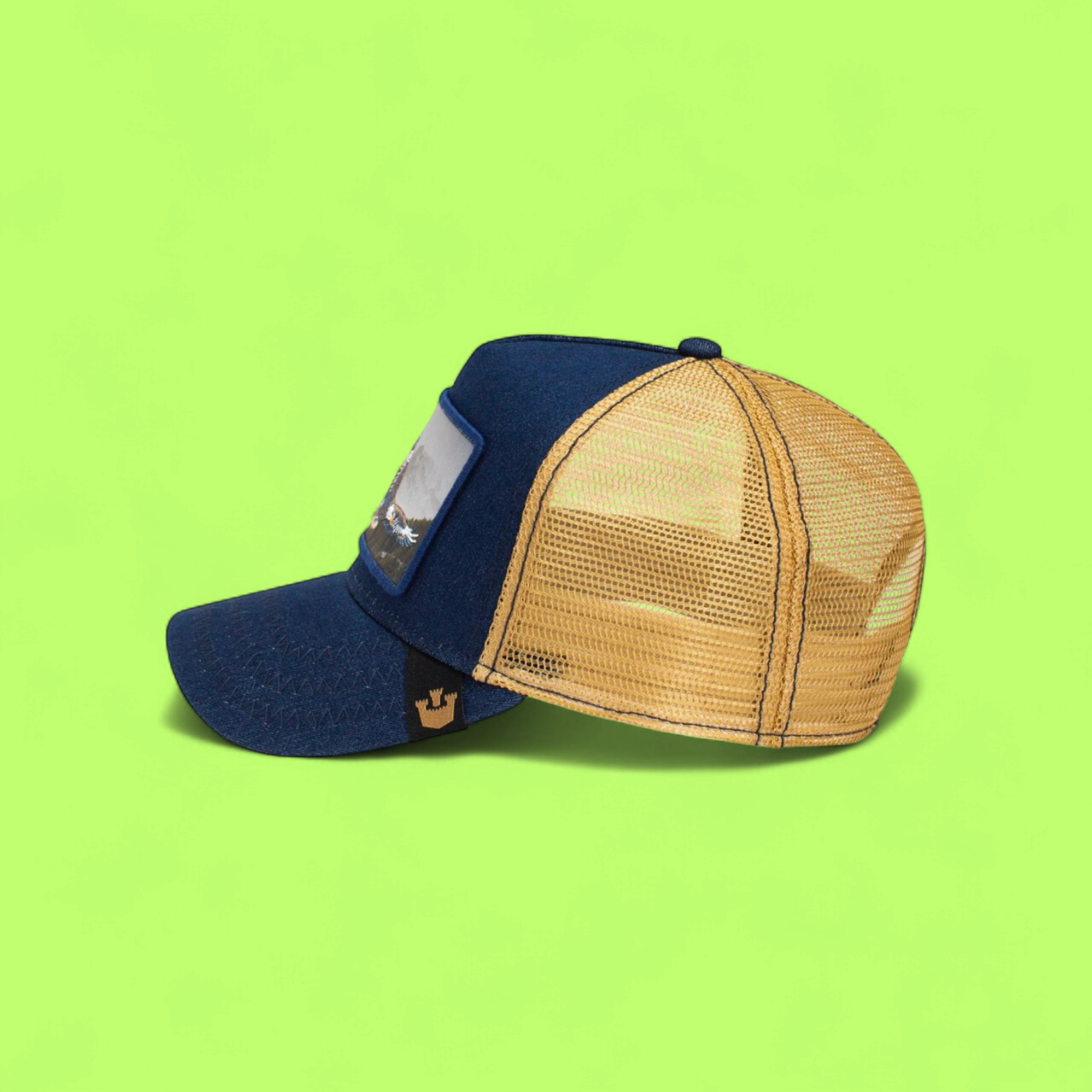 BORN FREE EAGLE BLUE TRUCKER HAT WITH MOUNTAIN LANDSCAPE
