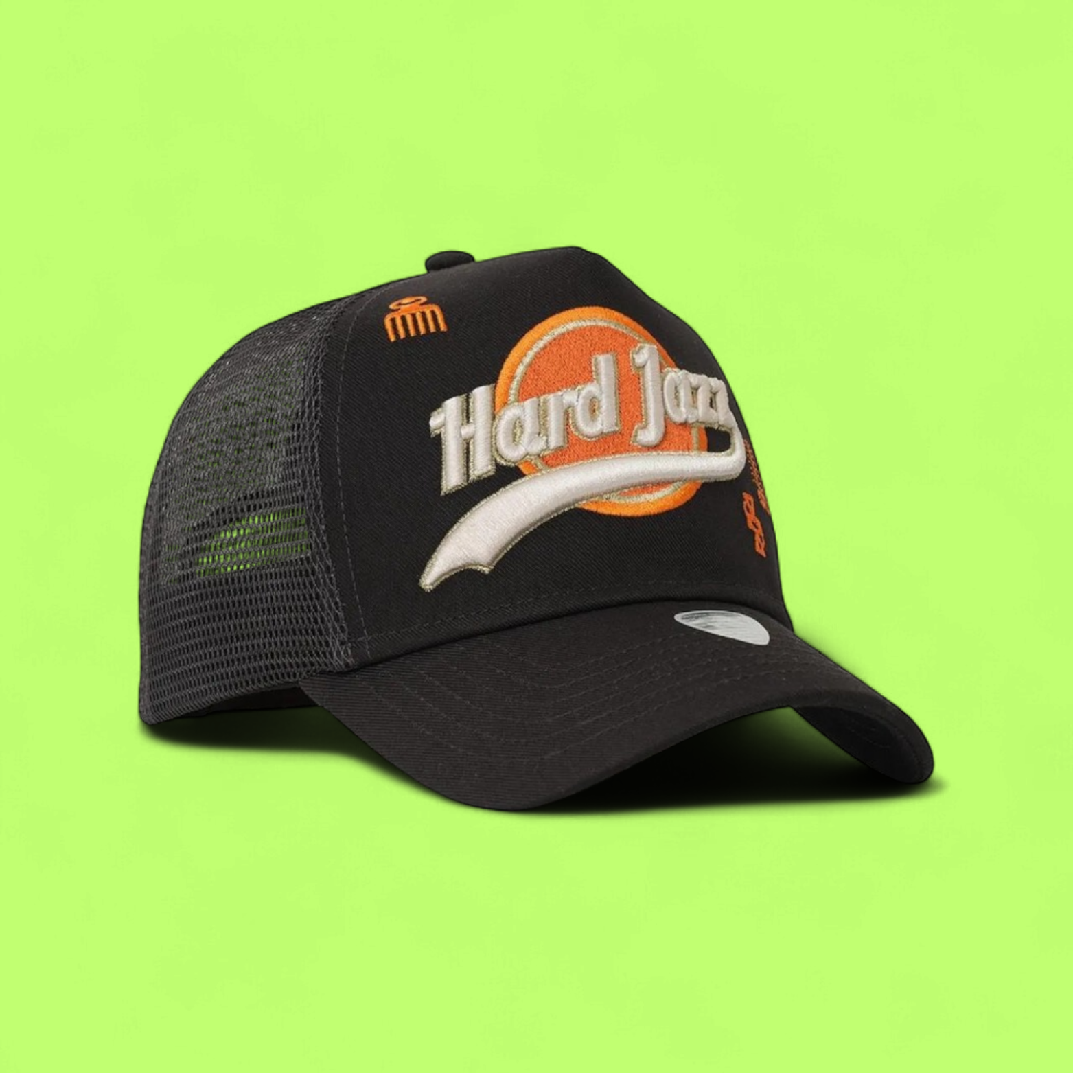 BLACK HARD JAZZ TRUCKER CAP WITH ORANGE RETRO EMBROIDERY