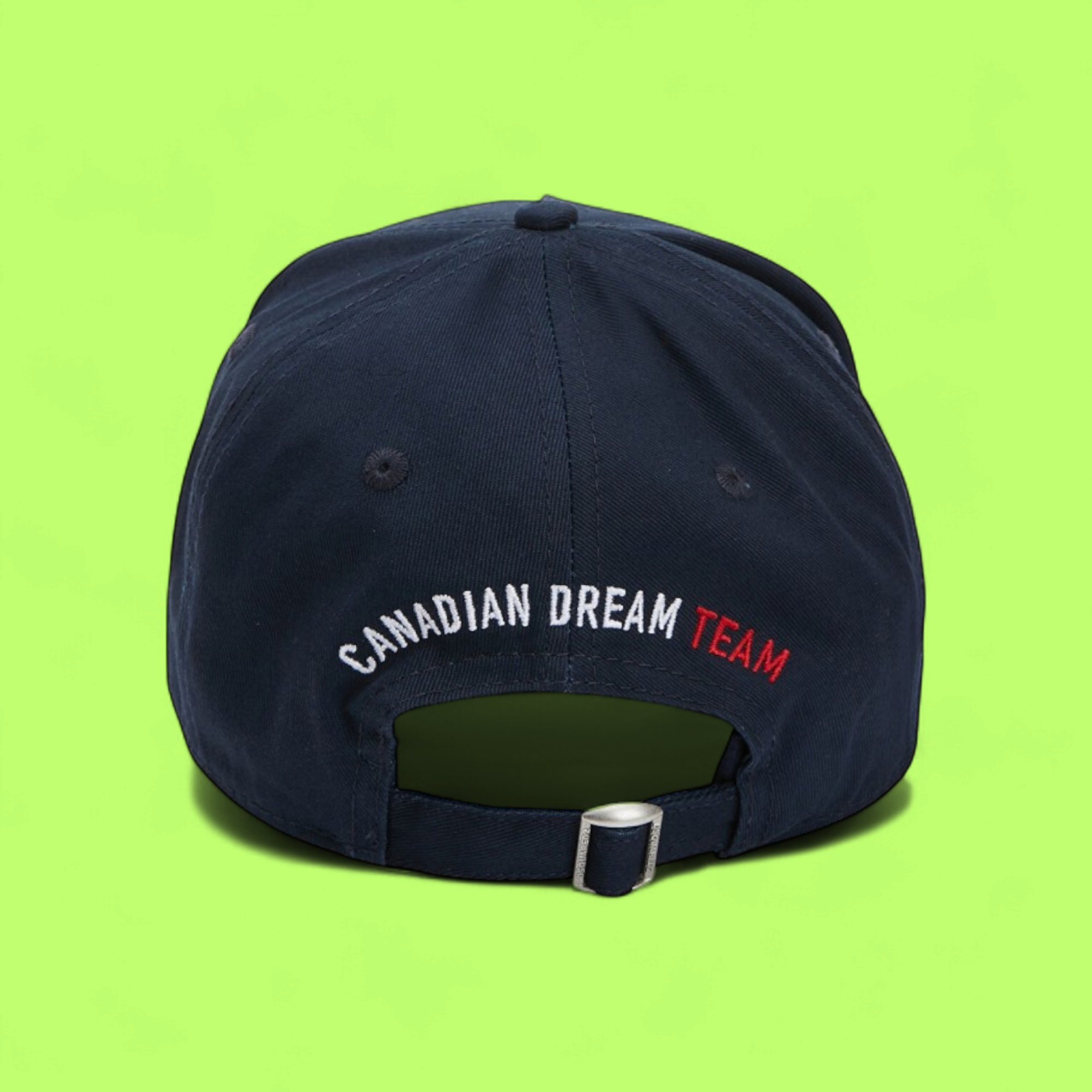 NAVY BLUE CAP WITH WHITE AND RED EMBROIDERED FRONT TEXT