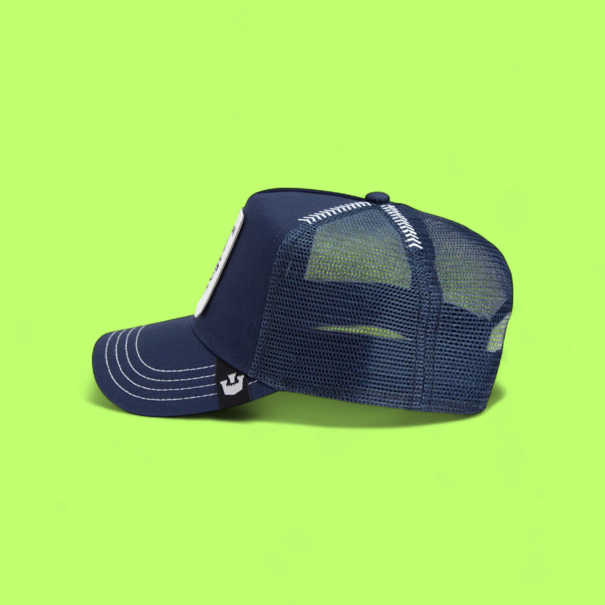 EMPIRE LION PATCH NAVY BLUE TRUCKER HAT WITH WHITE STITCHING