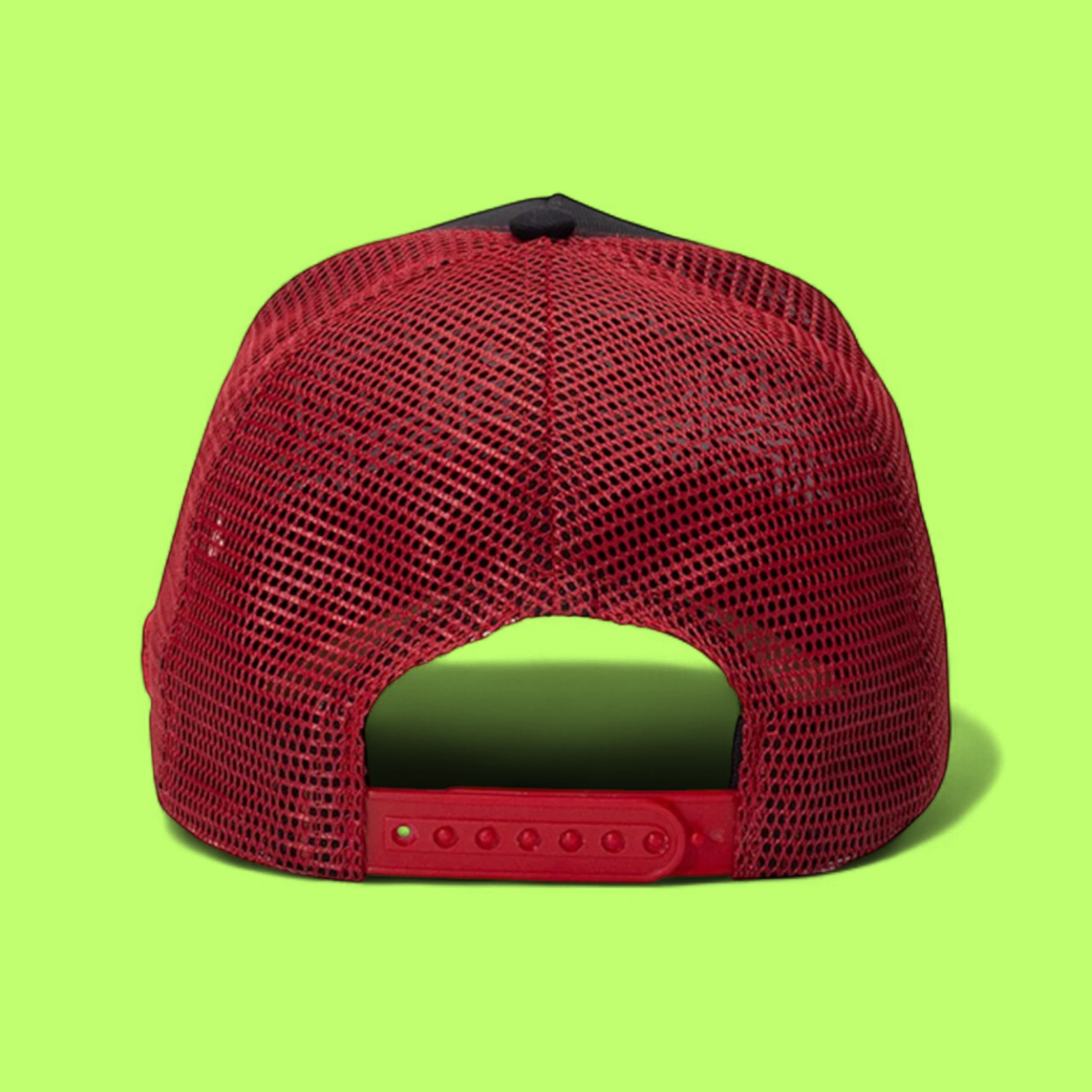 BLACK RED TRUCKER CAP WITH PATCH PRINT AND NETTED BACK