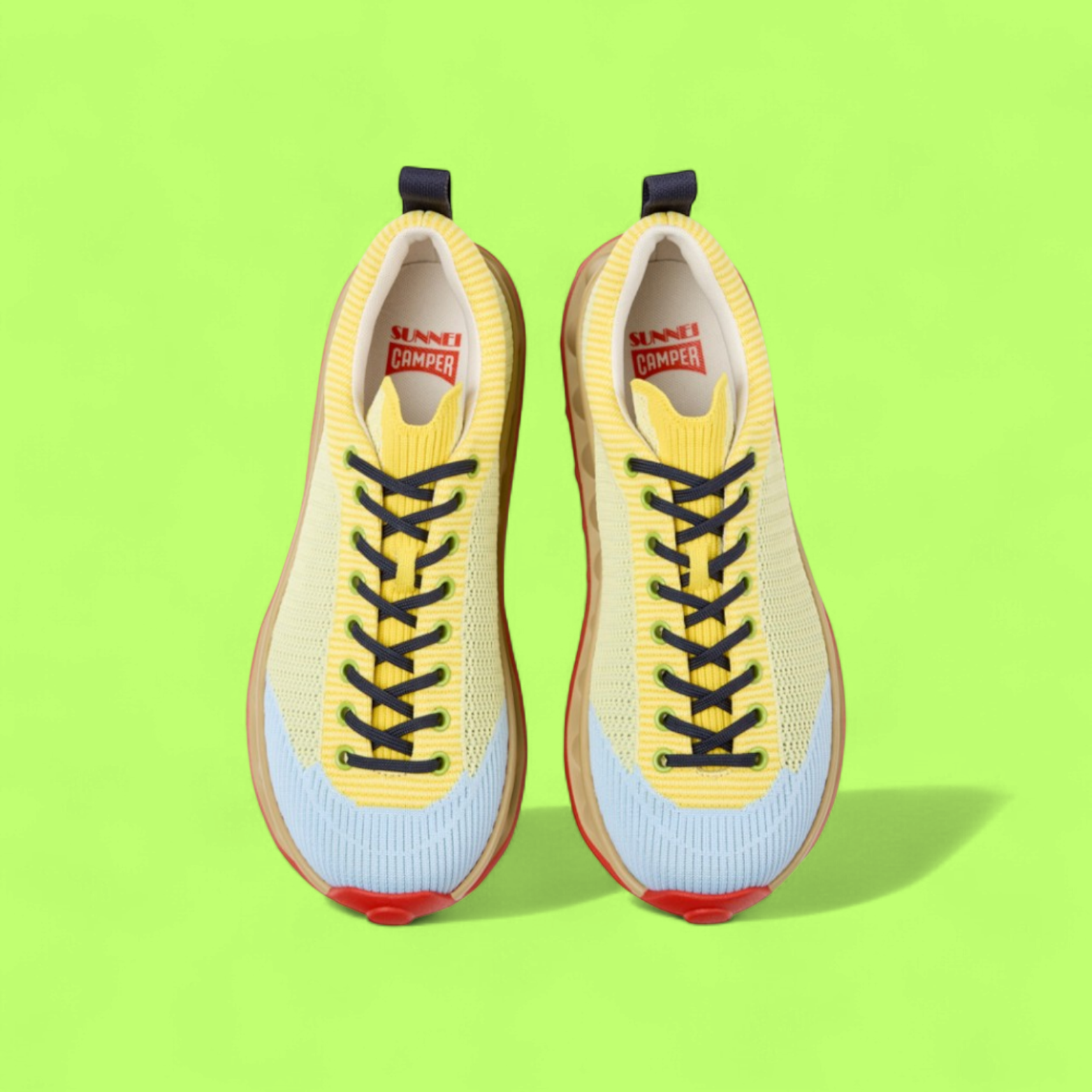 CAMPER YELLOW KNIT RUNNER WITH RED SOLE AND BLUE TOE DETAIL