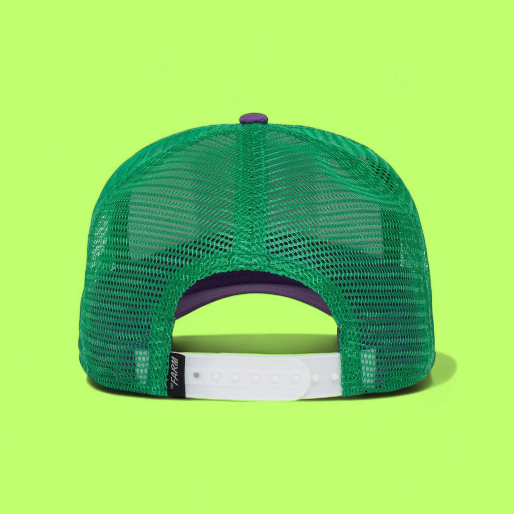 GREEN DONKEY PATCH WHITE TRUCKER HAT WITH PURPLE VISOR