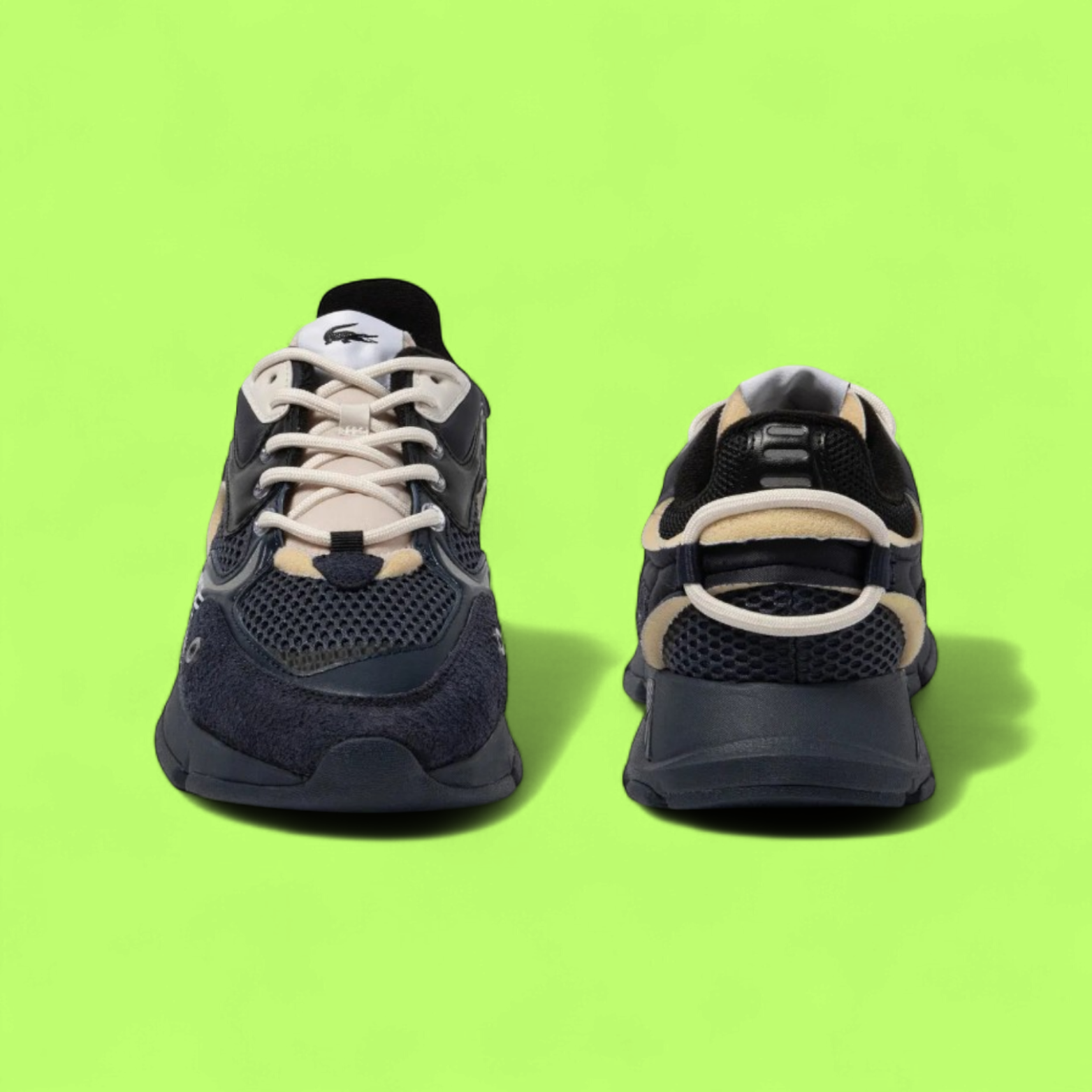 LACOSTE L003 MEN'S NAVY AND BLACK MESH LEATHER CASUAL SNEAKERS