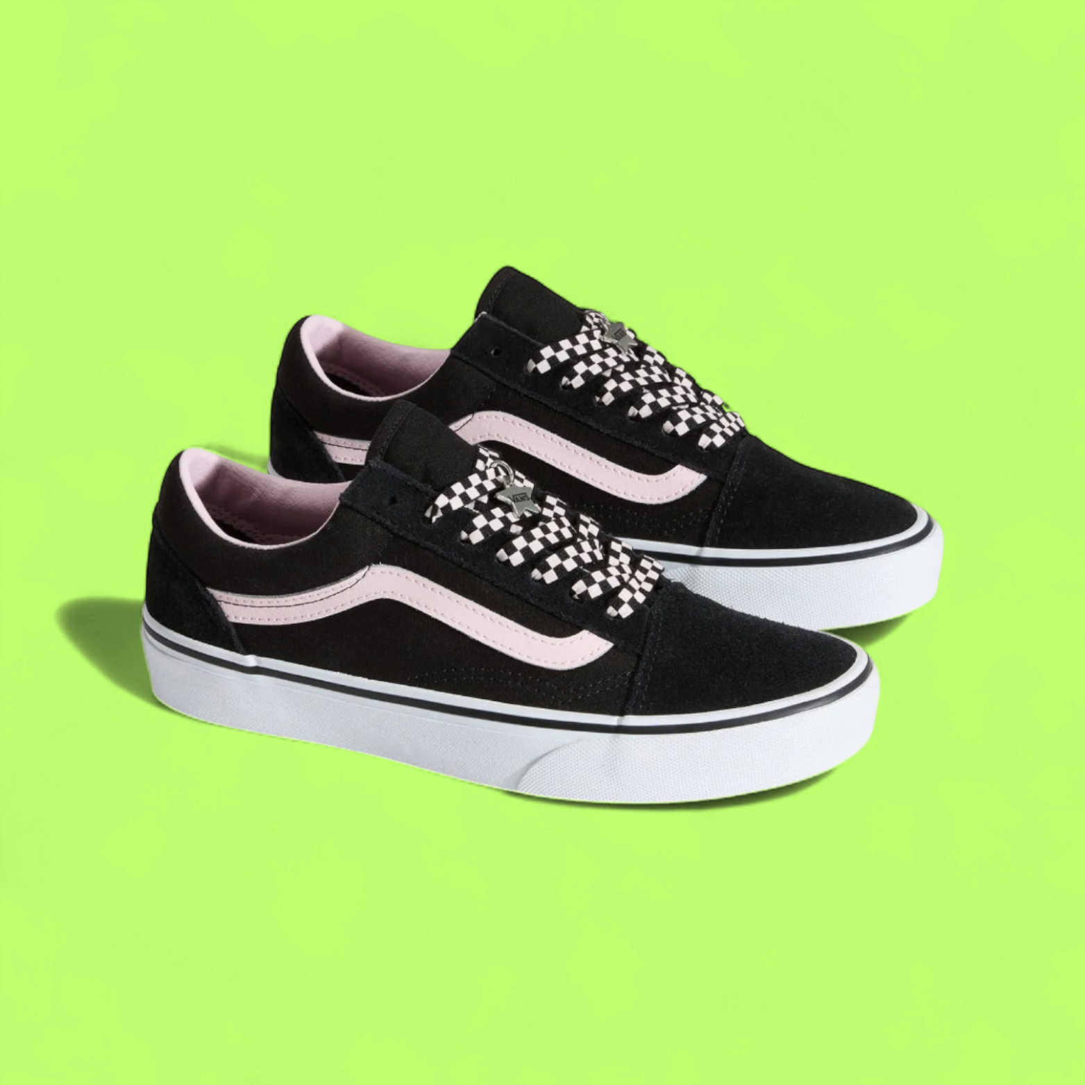 VANS OLD SKOOL BLACK PINK STRIPE CHECKERED LACE STYLE DROPZ