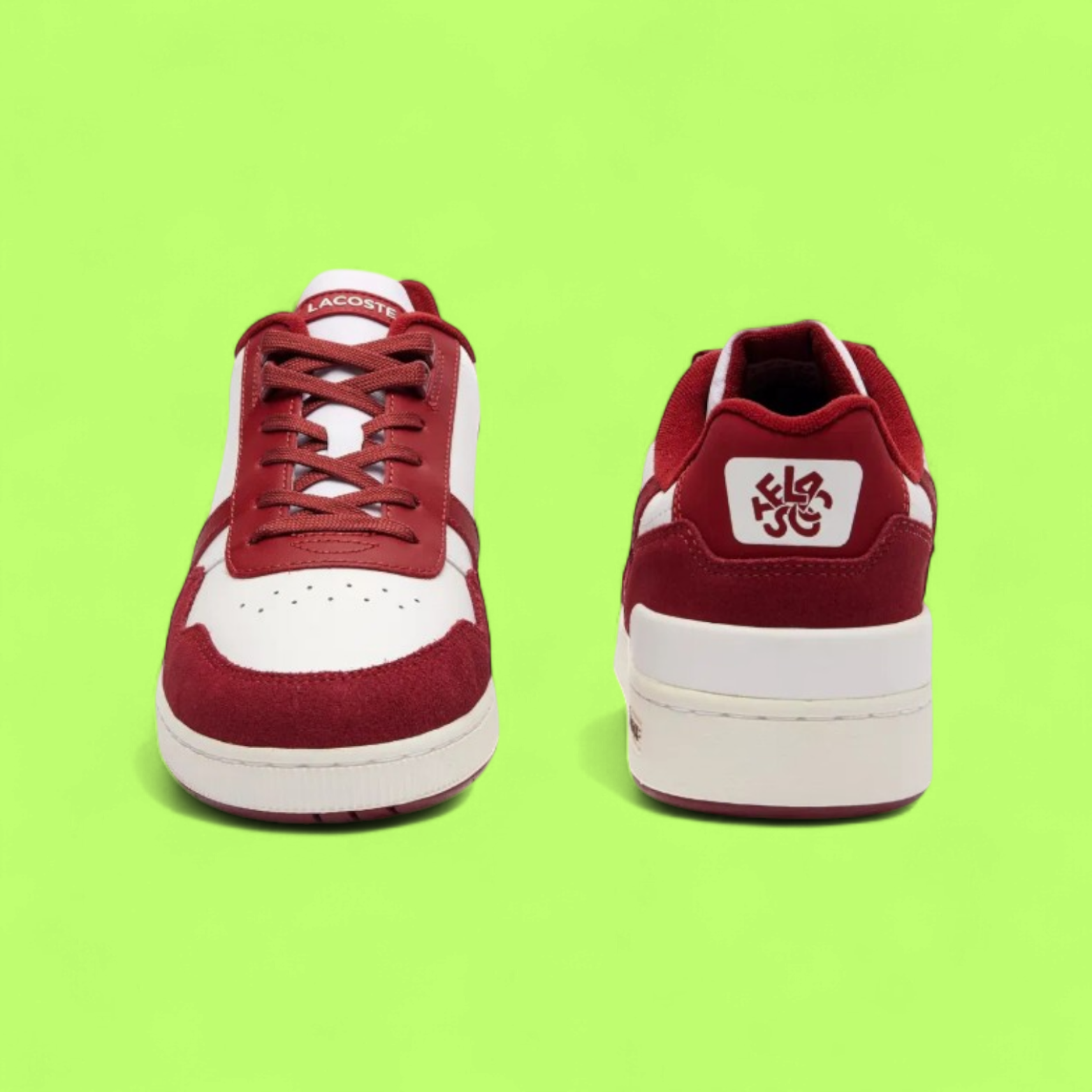 LACOSTE T-CLIP MEN'S WHITE LEATHER SNEAKERS WITH BURGUNDY DETAIL