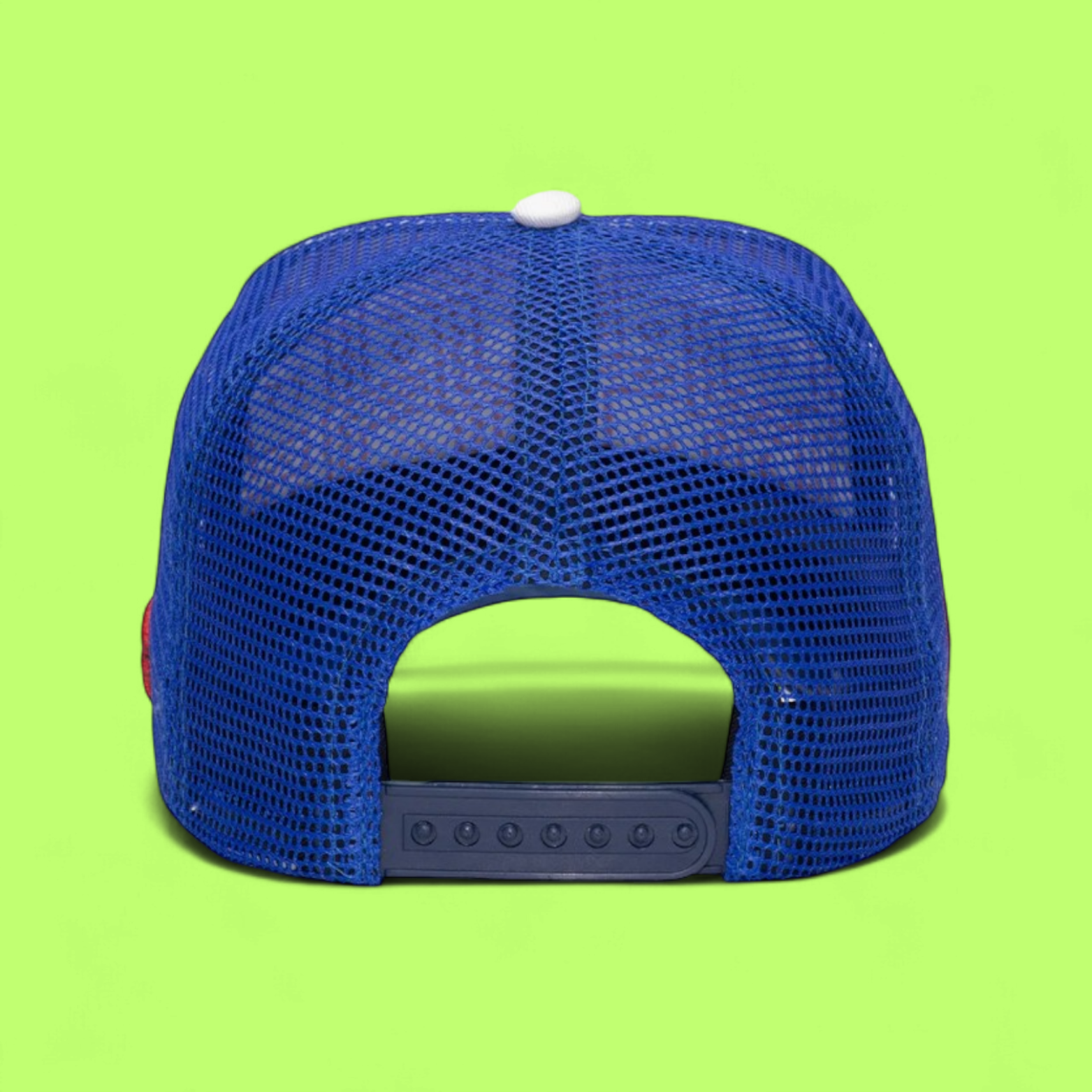 LOVE BOMBING TRUCKER CAP WITH BLUE MESH AND RED BRIM