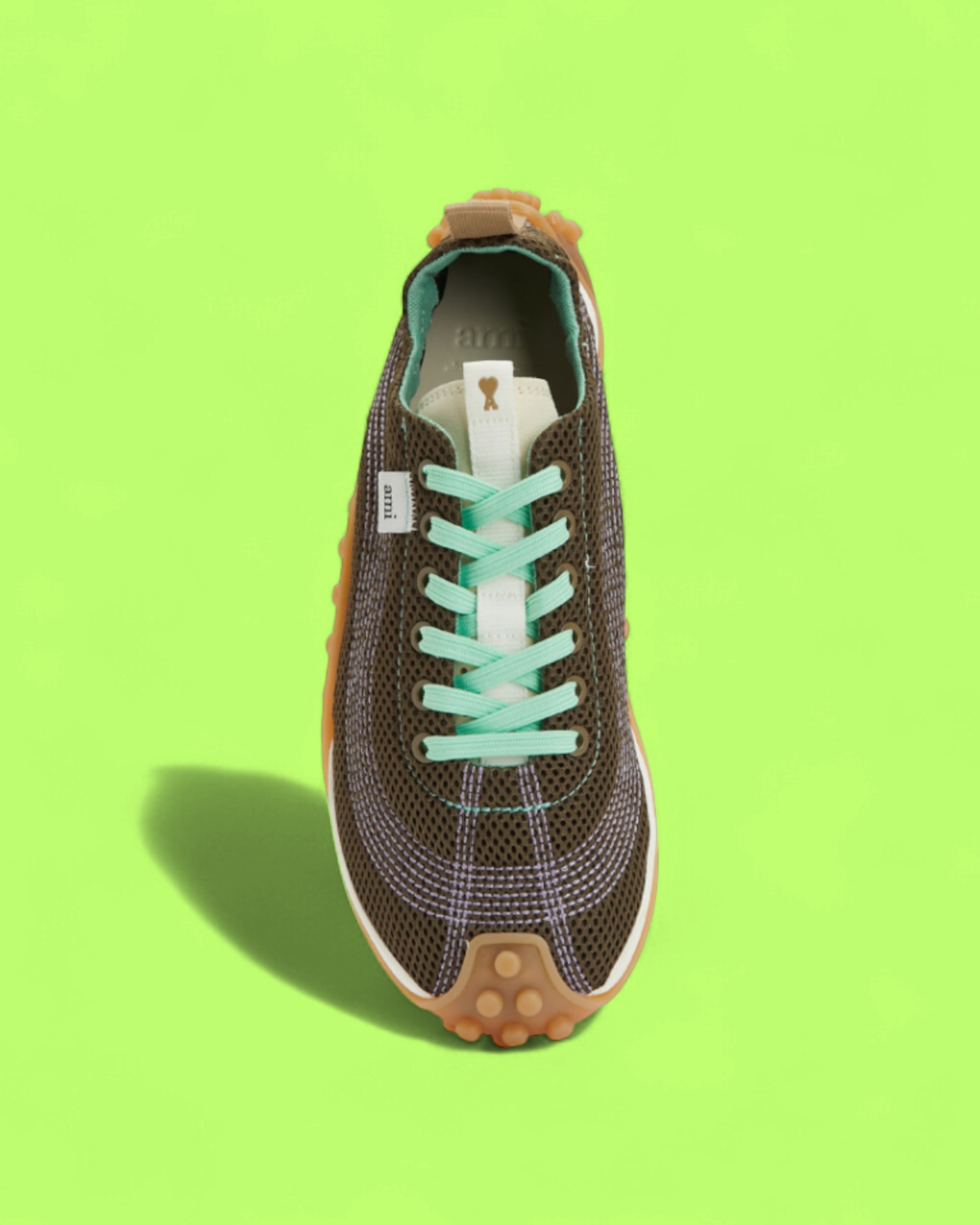 AMI PARIS BROWN GREEN TRAIL RUNNER SNEAKERS WITH GUM SOLE