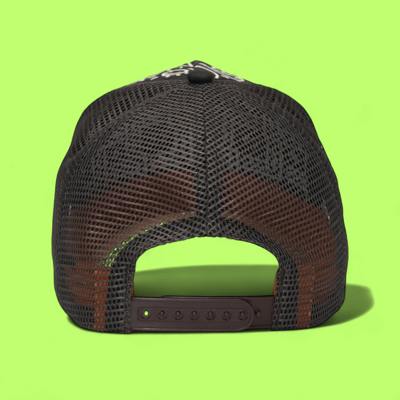 BLACK TRUCKER CAP WITH ABSTRACT WHITE EMBROIDERED PATTERNS