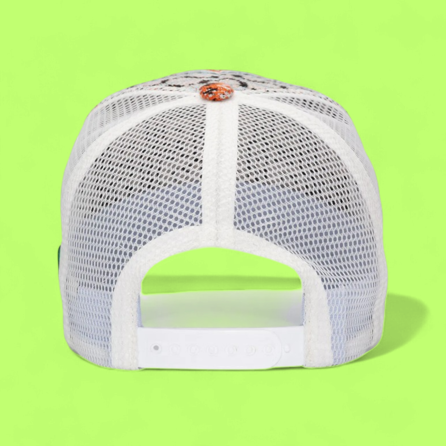 WHITE TRUCKER CAP WITH ORANGE MONACO PATCH AND PATTERN
