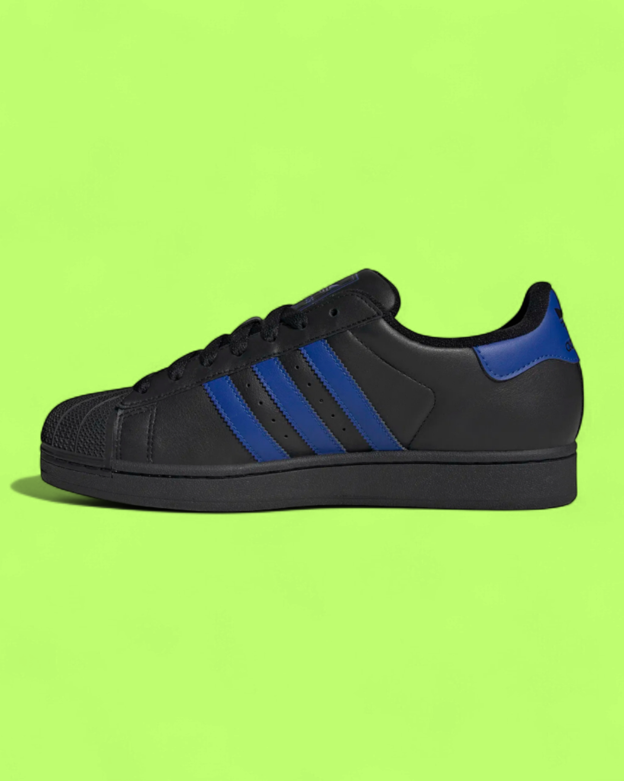 ADIDAS SUPERSTAR BLACK LEATHER SNEAKERS WITH BLUE STRIPES