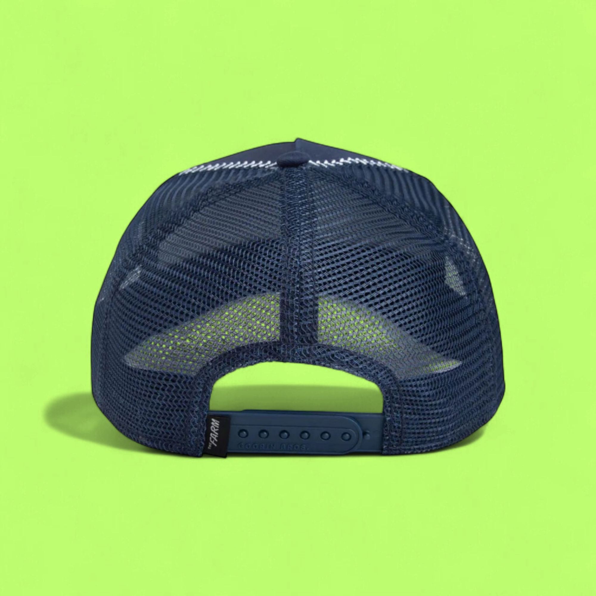 EMPIRE LION PATCH NAVY BLUE TRUCKER HAT WITH WHITE STITCHING