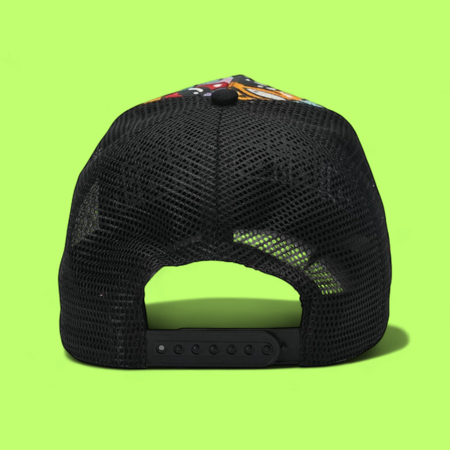 BLACK TRUCKER CAP WITH COLORFUL CARTOON EMBROIDERY FRONT