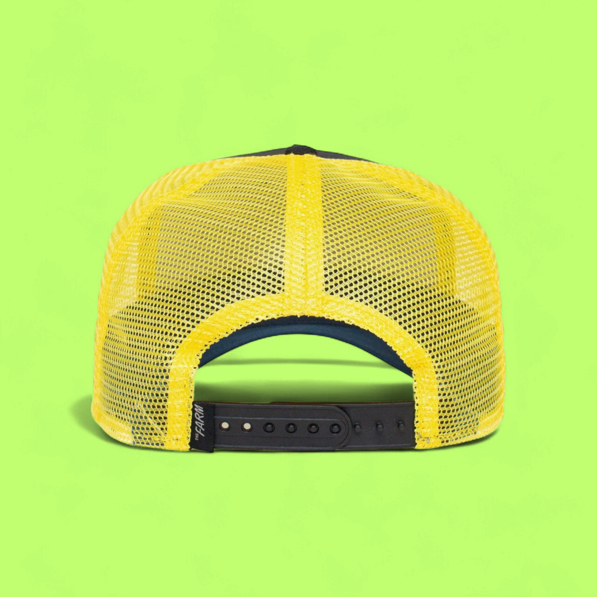 ROOSTER PATCH BLACK TRUCKER HAT WITH YELLOW MESH BACK