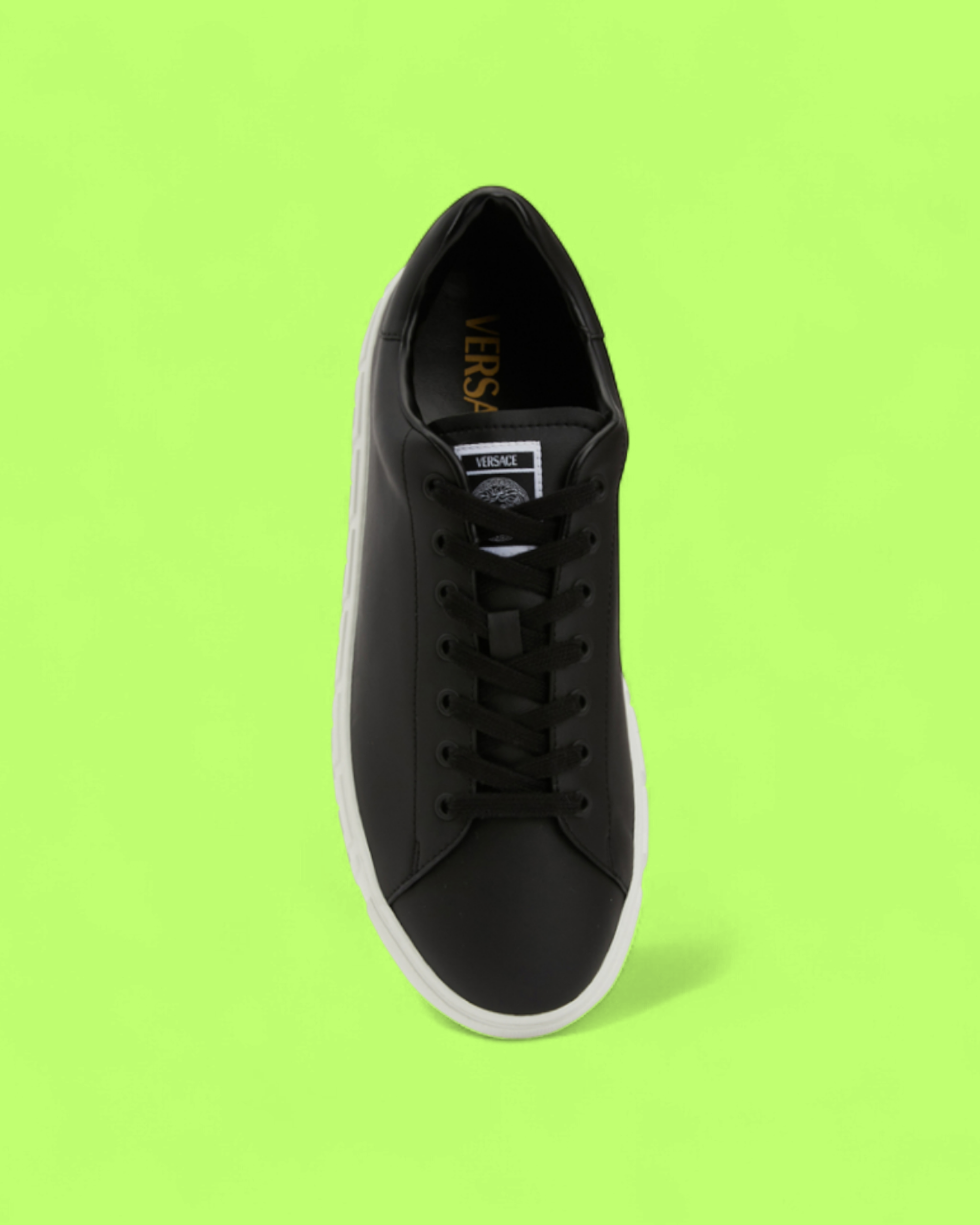 VERSACE BLACK LEATHER SNEAKER WITH WHITE GREEK KEY RUBBER