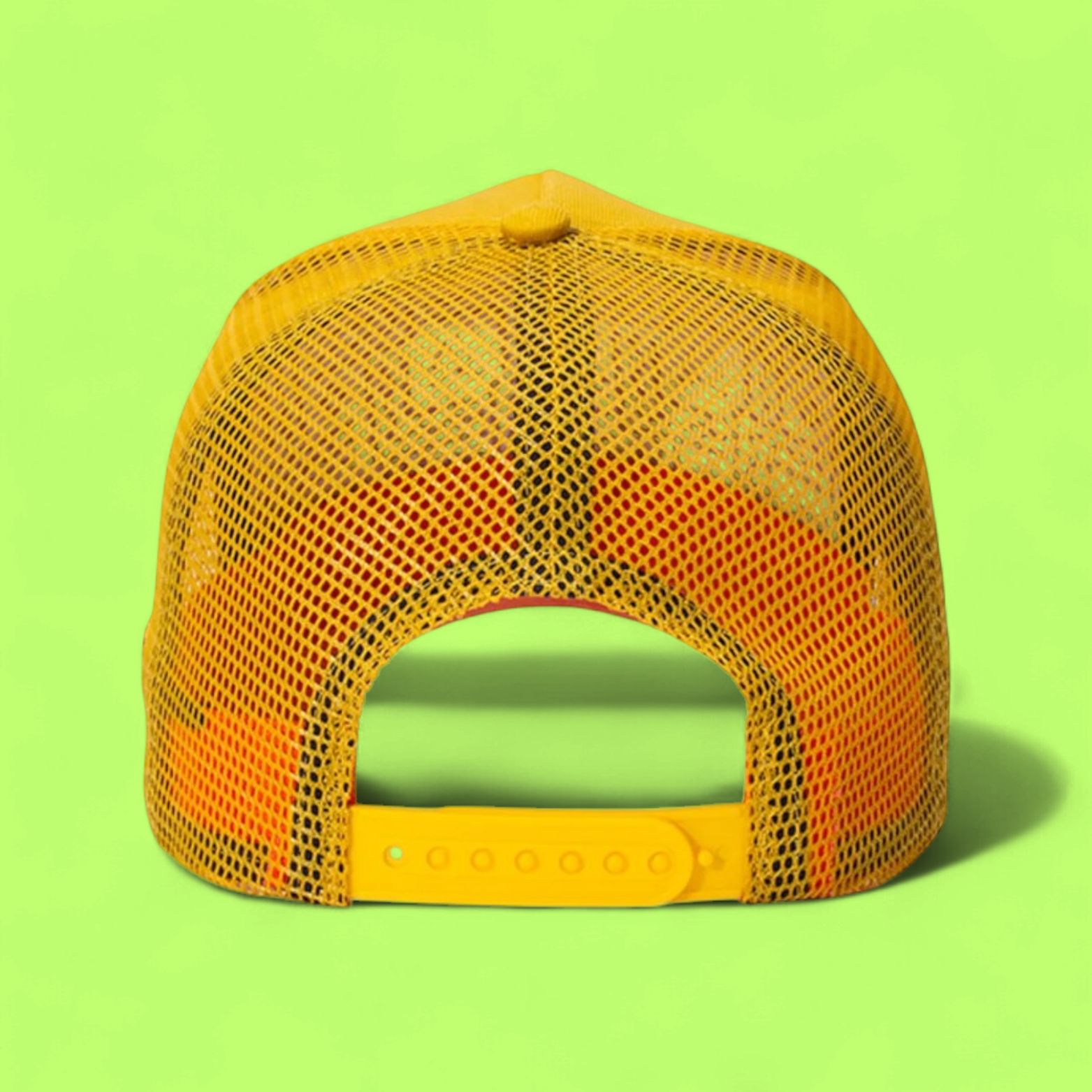 YELLOW TRUCKER CAP WITH MULTICOLOR CROWN EMBROIDERY DESIGN