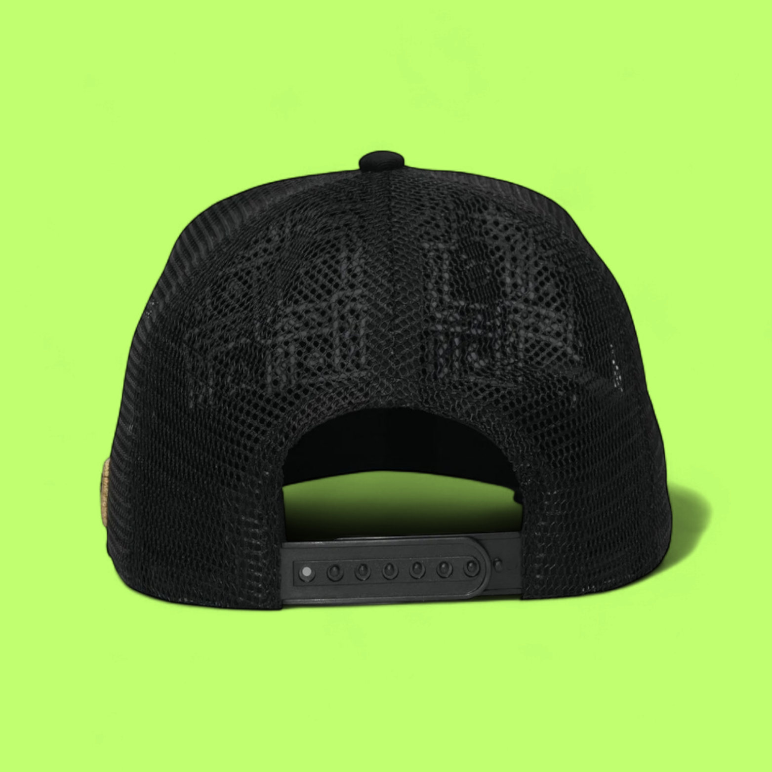 BLACK MESH TRUCKER CAP WITH WHITE CARTOON FACE EMBROIDERY