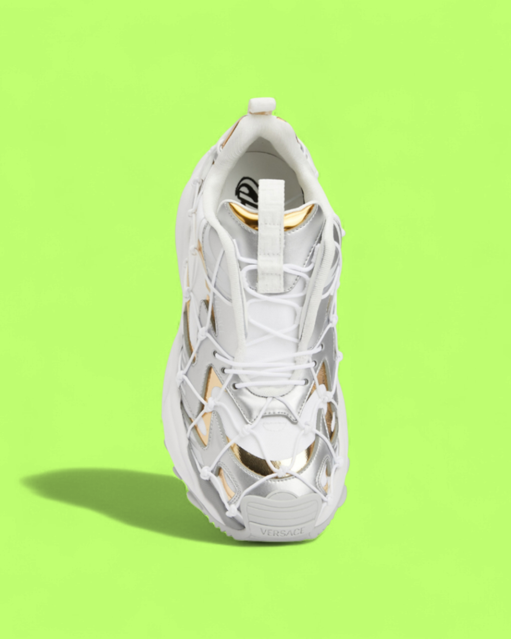 VERSACE WHITE GOLD SILVER CAGED SNEAKER WITH CHUNKY RUBBER